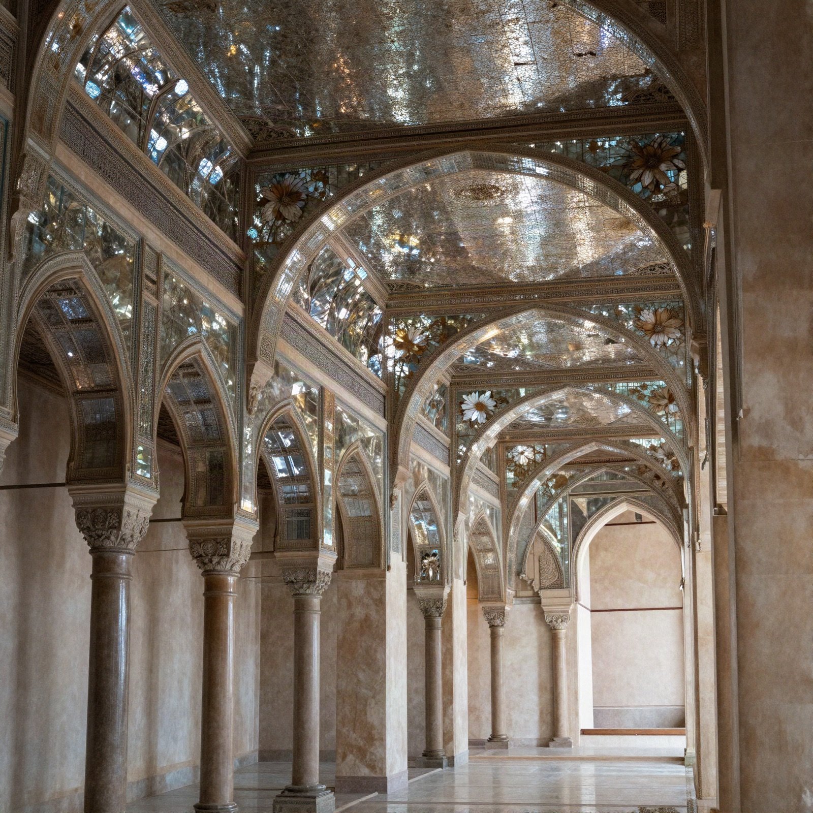 A palace hall with mirror mosaic arches and ceiling