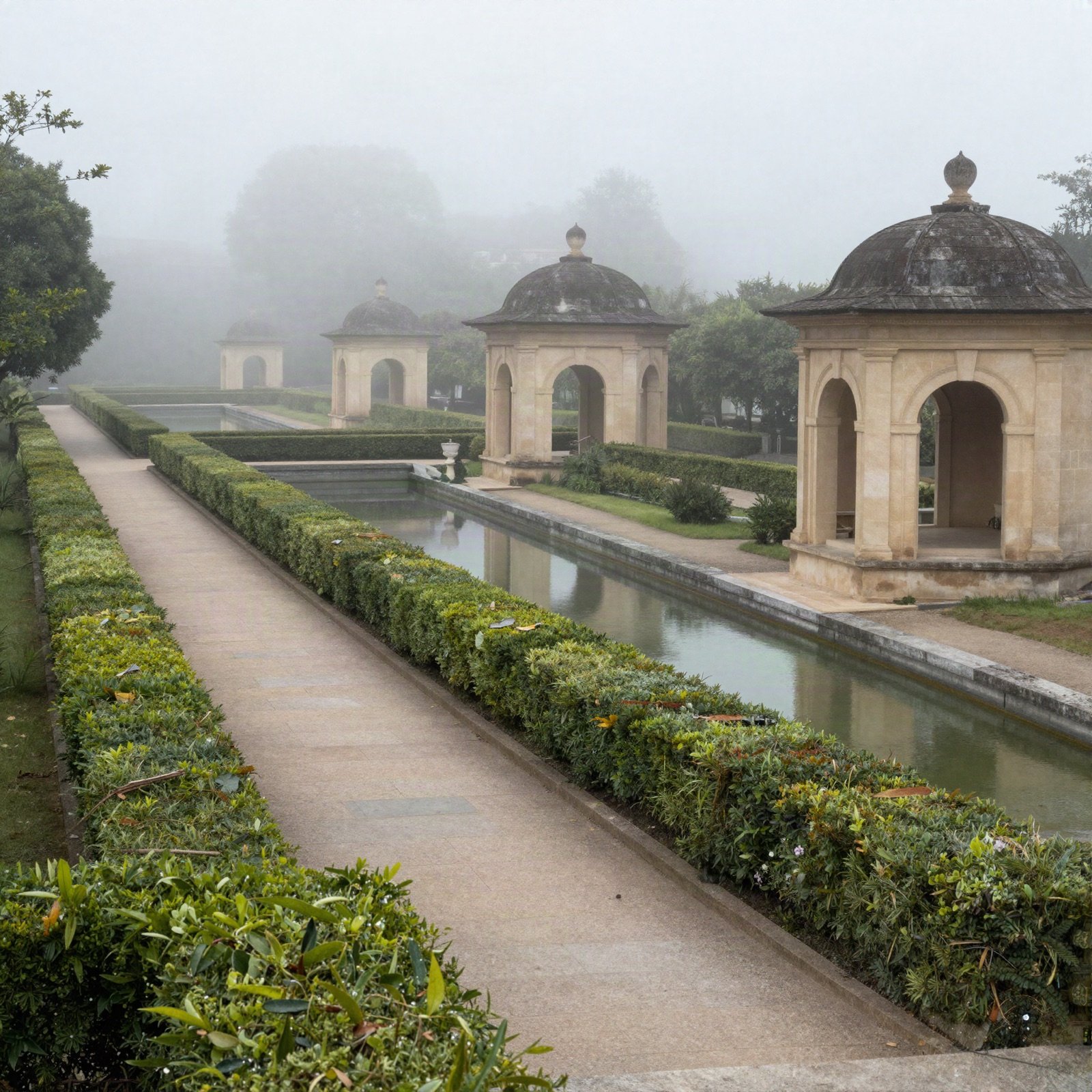 A misty palace garden walkway beside a reflecting channel and pavilions