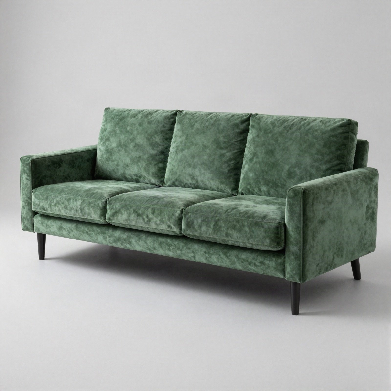A green velvet three-seater sofa