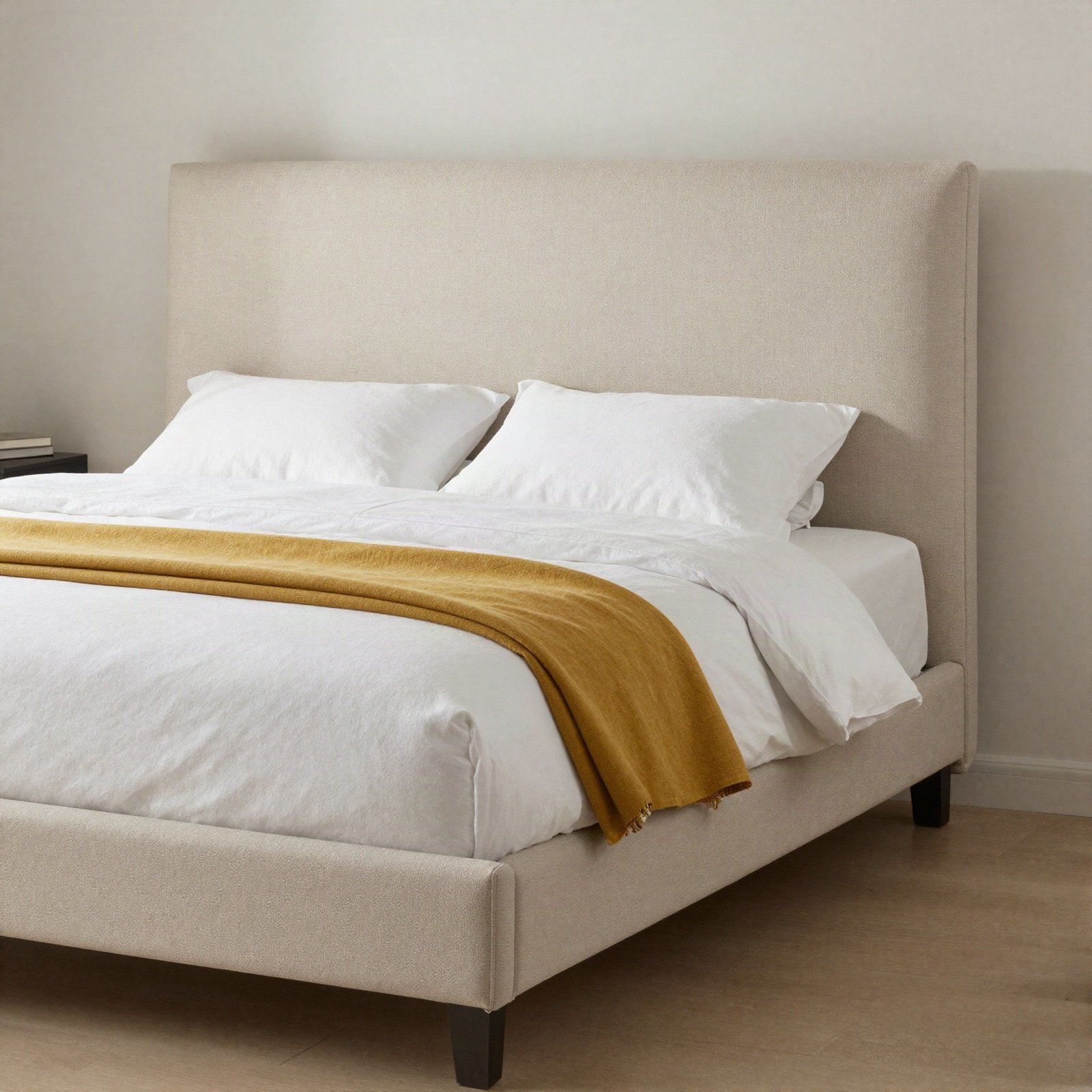 King size bed with a beige upholstered headboard and mustard throw