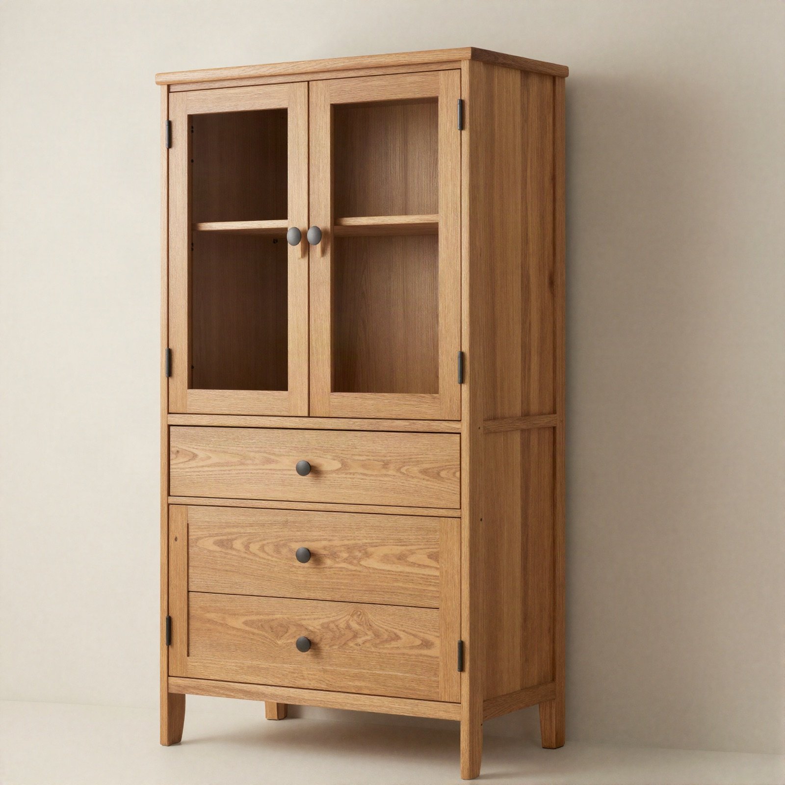 Tall oak kitchen cabinet with glass doors and drawers