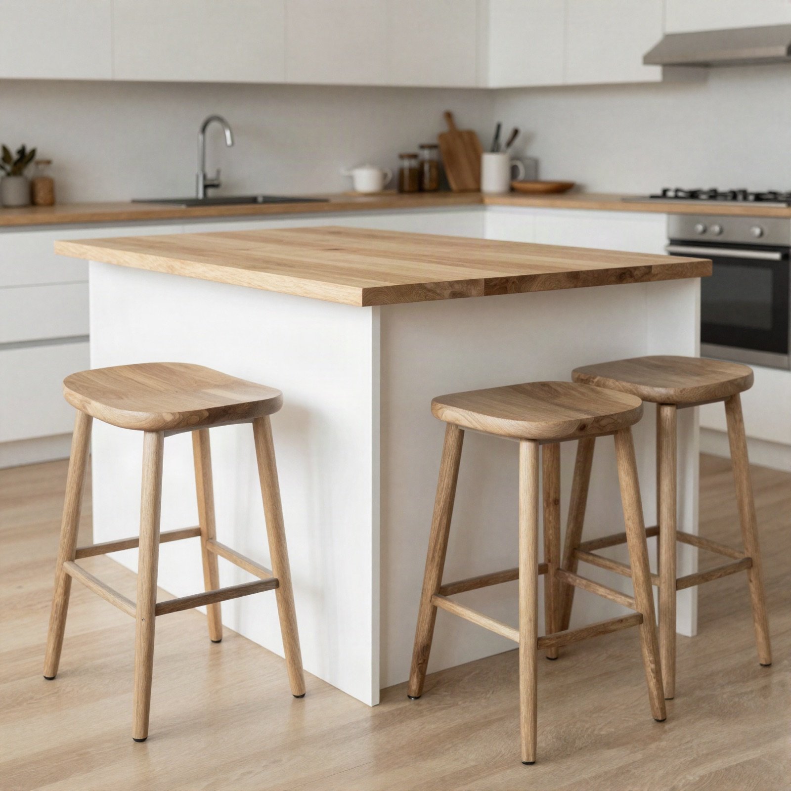 White kitchen island with an oak top and three wooden stools