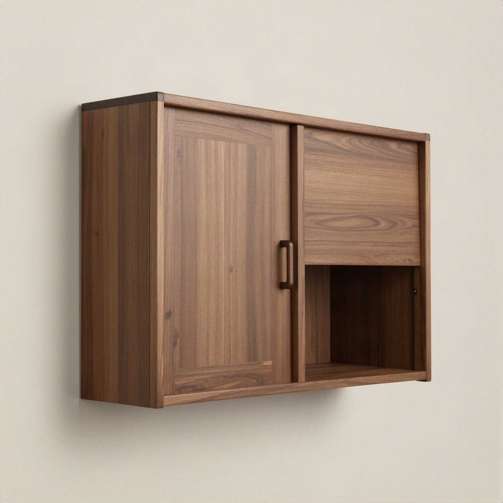 Walnut wall hanging cabinet with a door and an open shelf