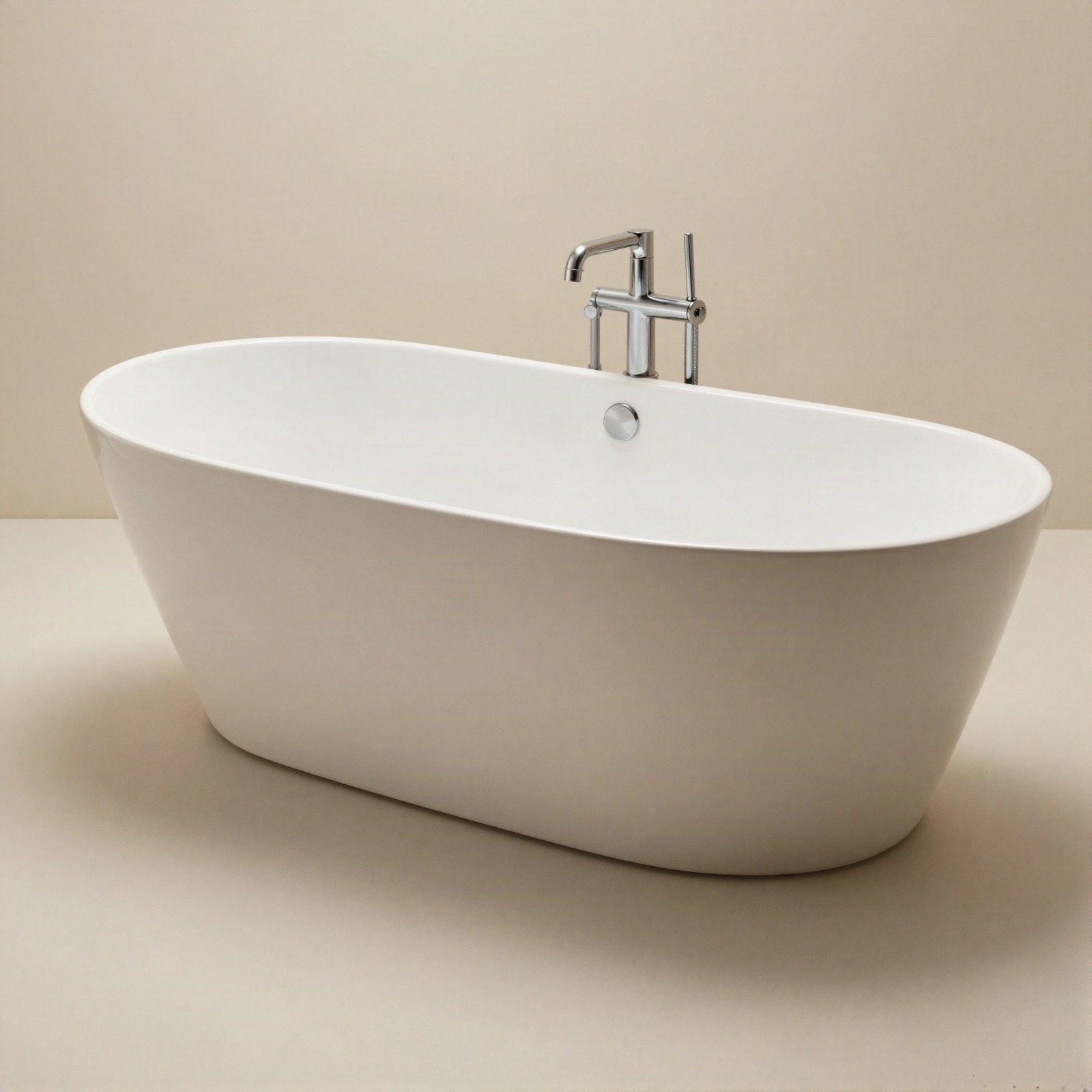 Cream freestanding oval bathtub with a chrome floor tap