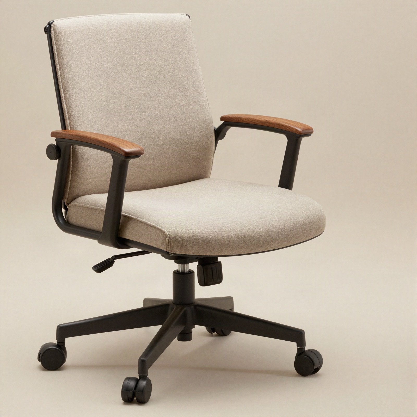 Beige office chair with wooden armrests on castors