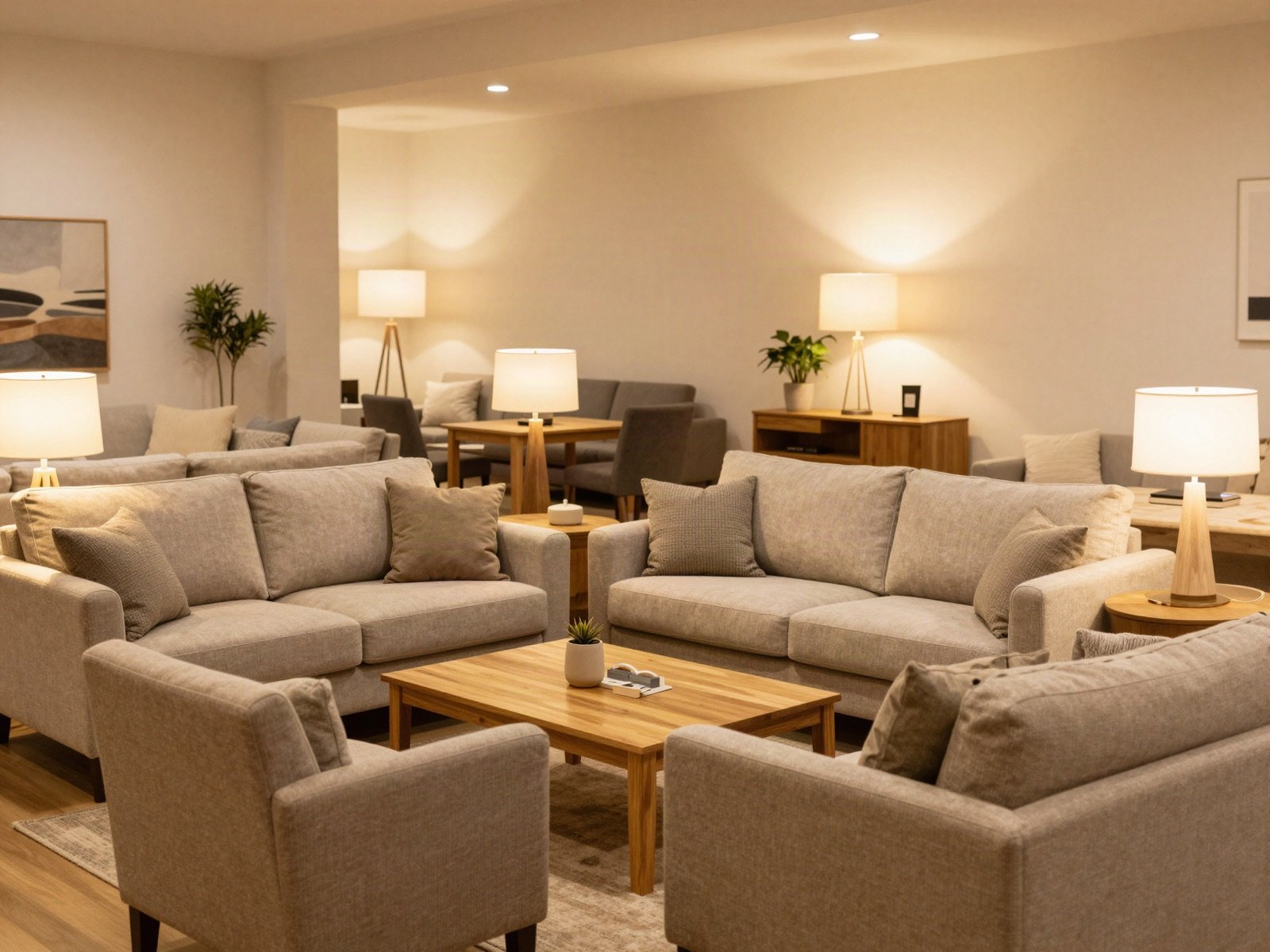 Furniture showroom with grey sofas, armchairs, oak tables and warm table lamps