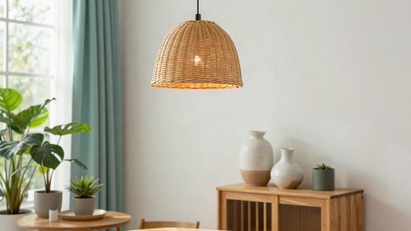 Bright living room with a rattan pendant lamp, ceramic vases and potted plants