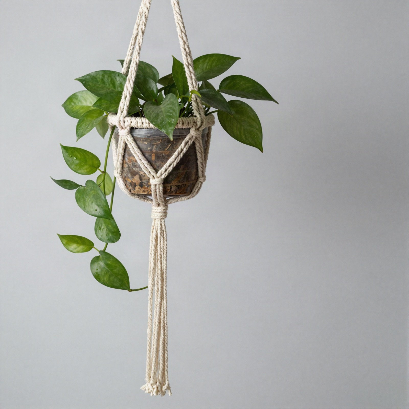 Macrame hanging planter with a trailing green pothos