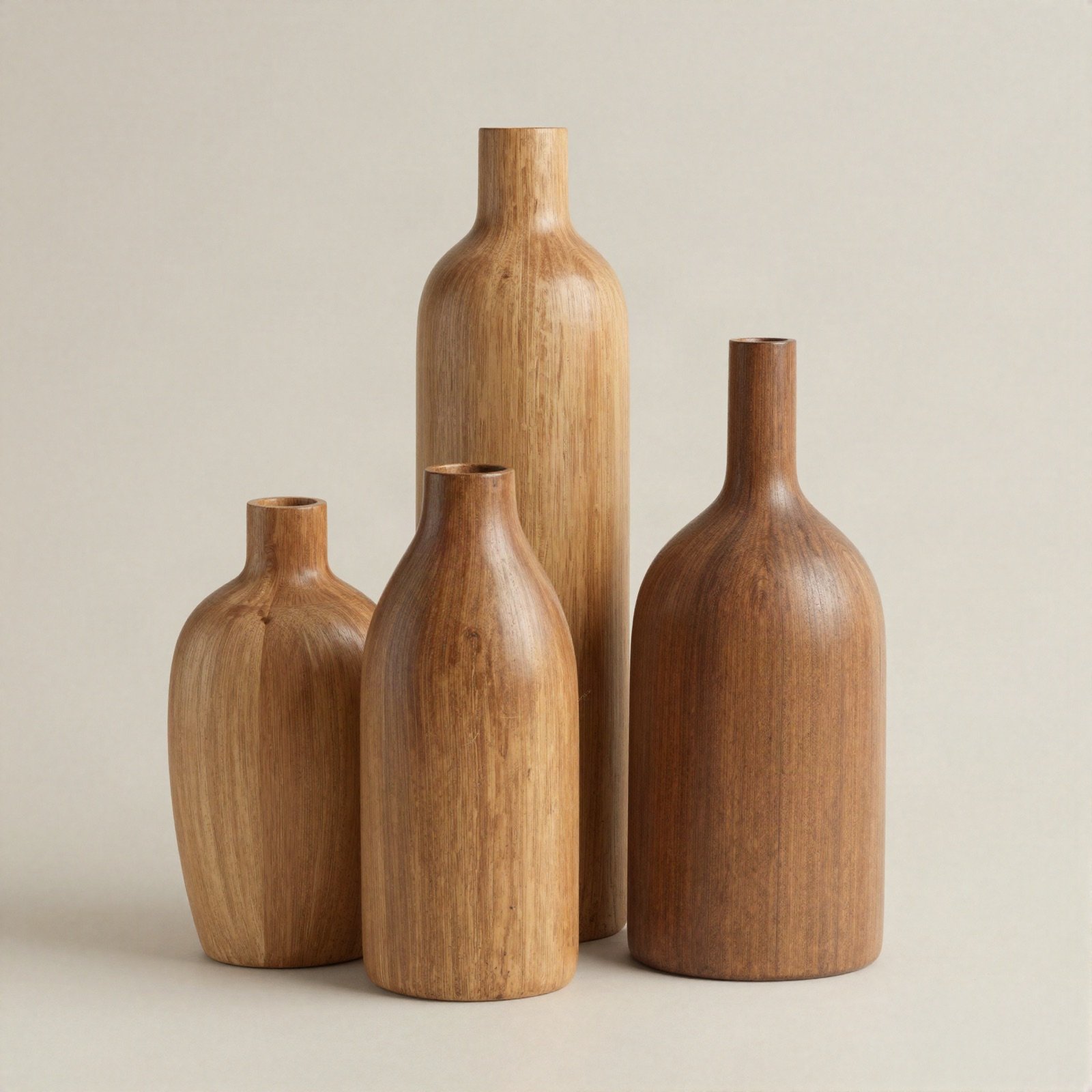 Four handmade wooden bottle vases of different heights