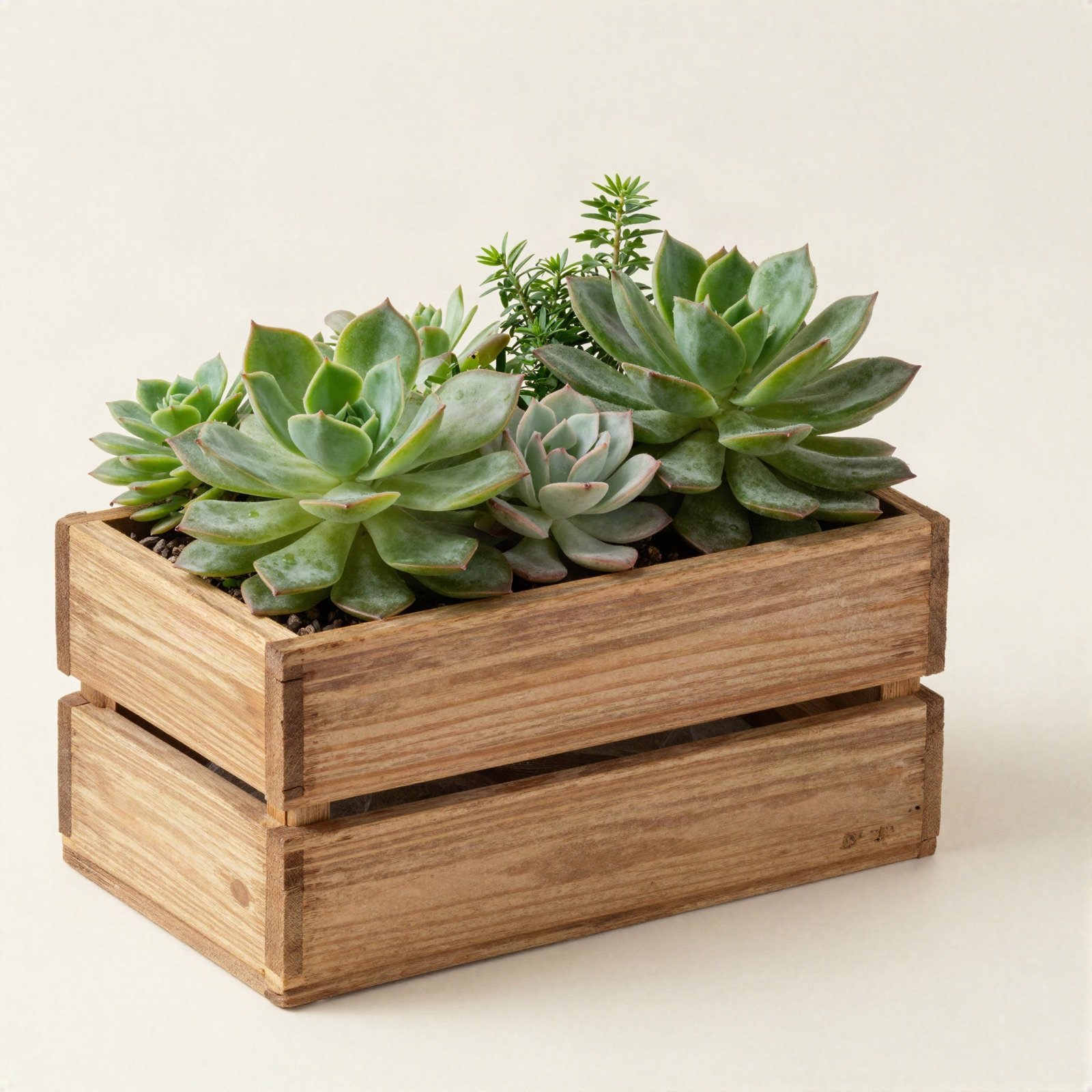 Wooden crate planter filled with green succulents