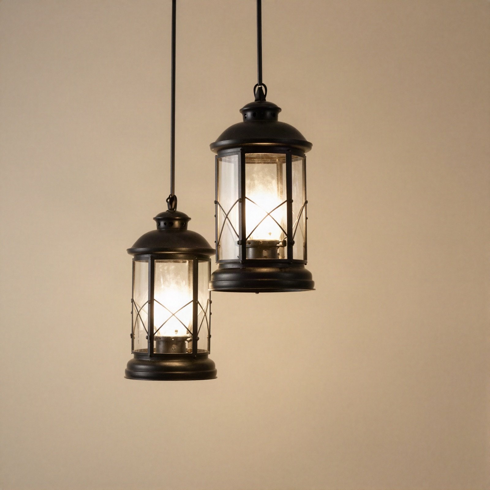 Pair of black metal hanging lanterns with glass panels
