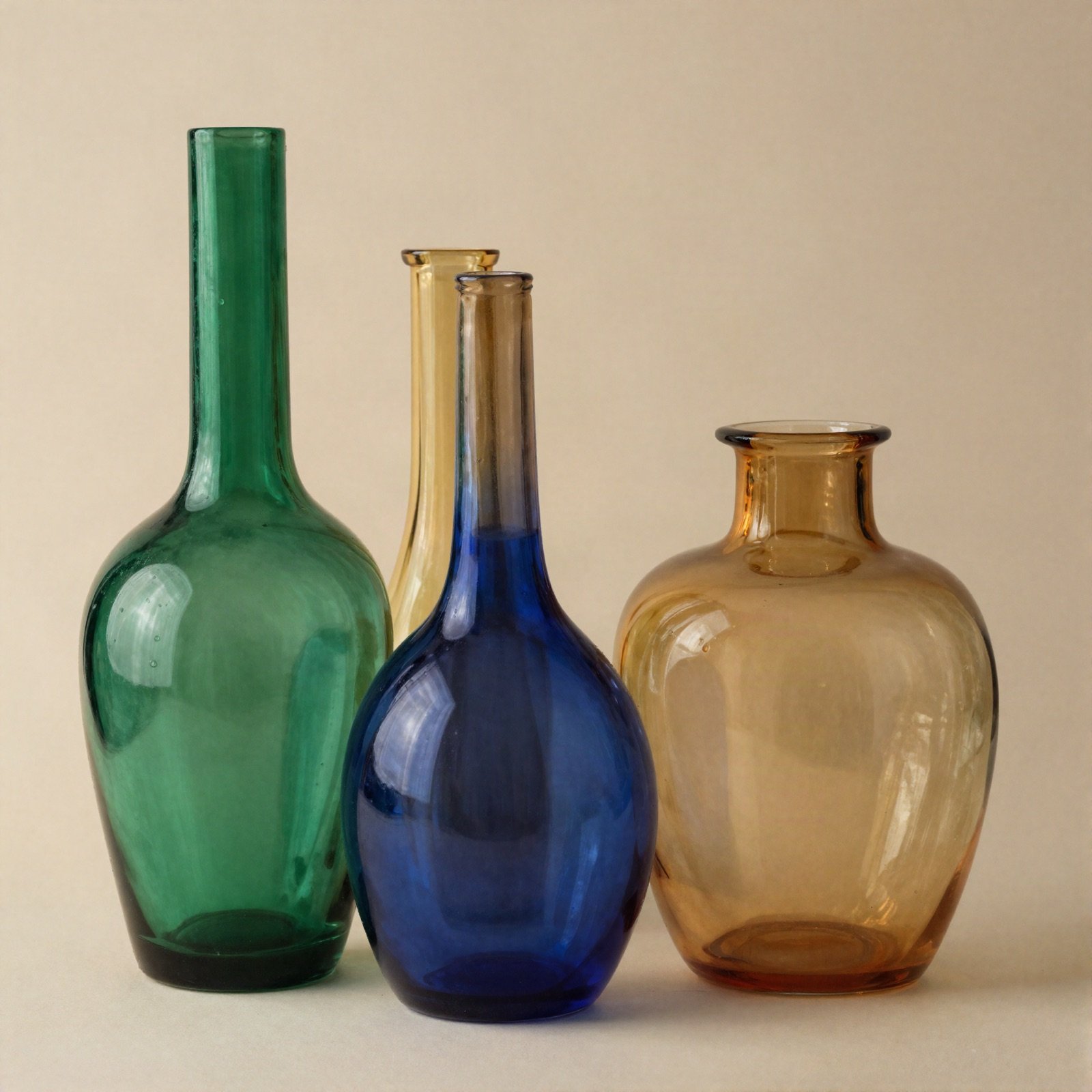 Glass bud vases in emerald, sapphire and amber