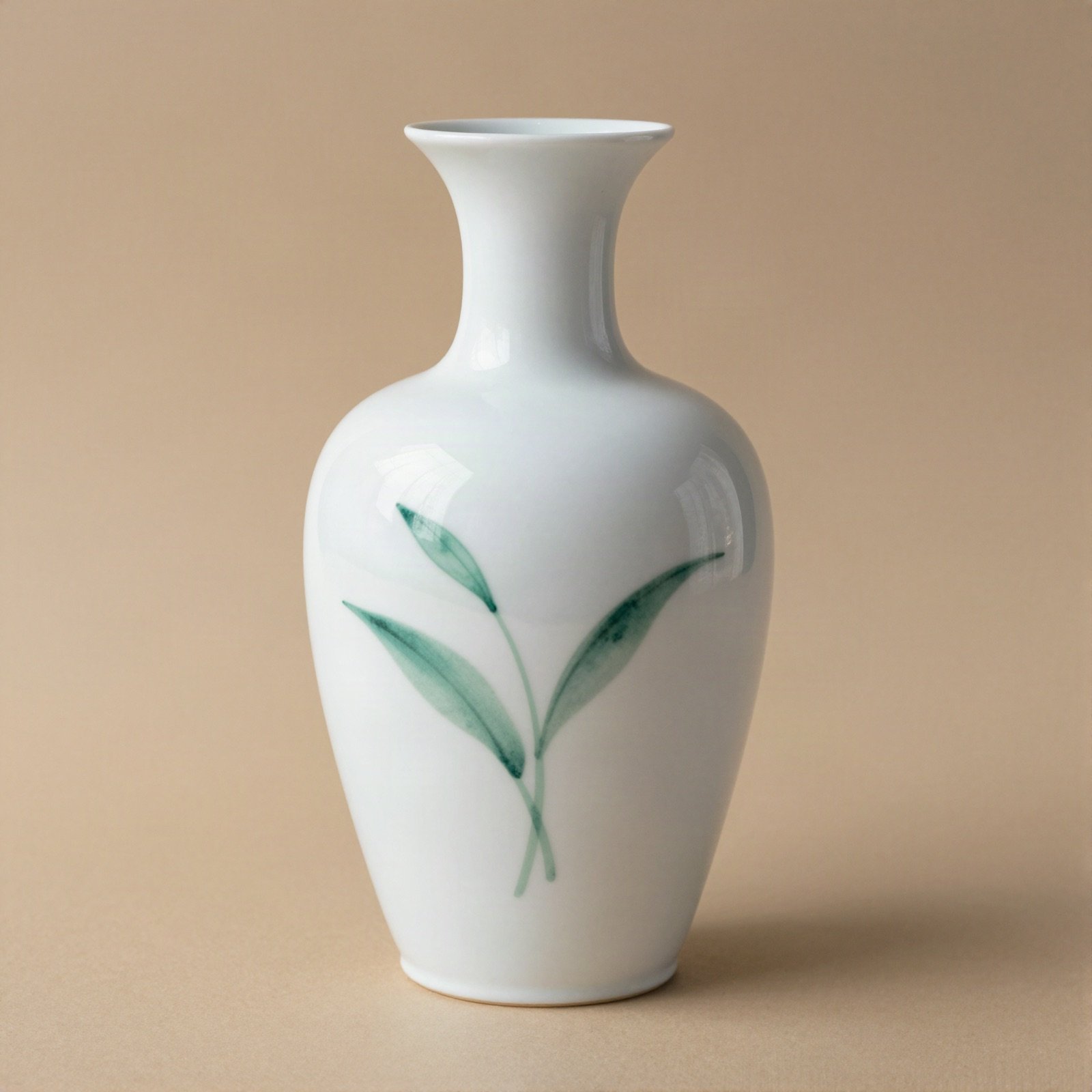 White porcelain vase with a hand-painted green leaf motif