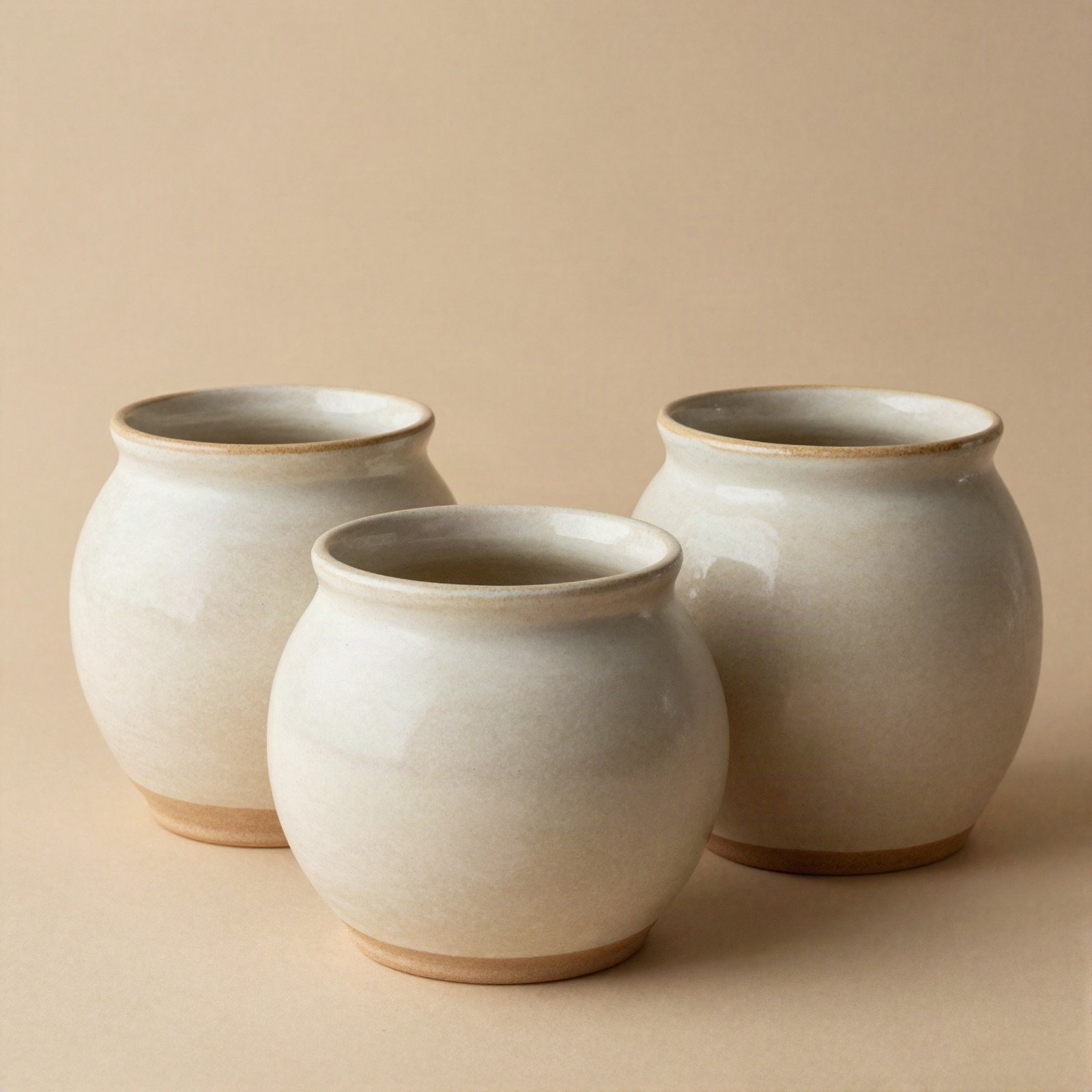 Three hand-thrown stoneware pots with a speckled cream glaze