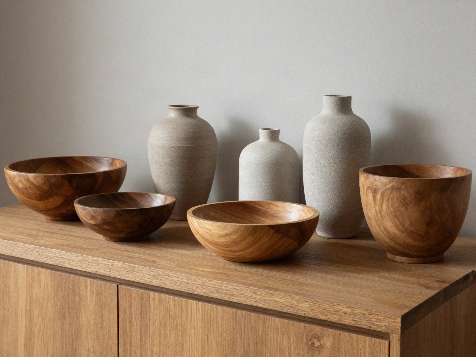 Wooden bowls and textured vases on an oak sideboard