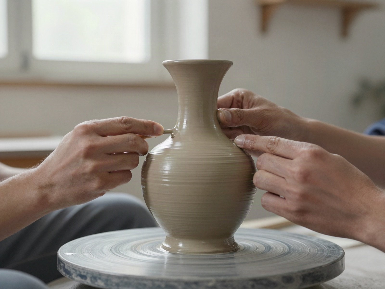Potter shaping a stoneware vase on the wheel