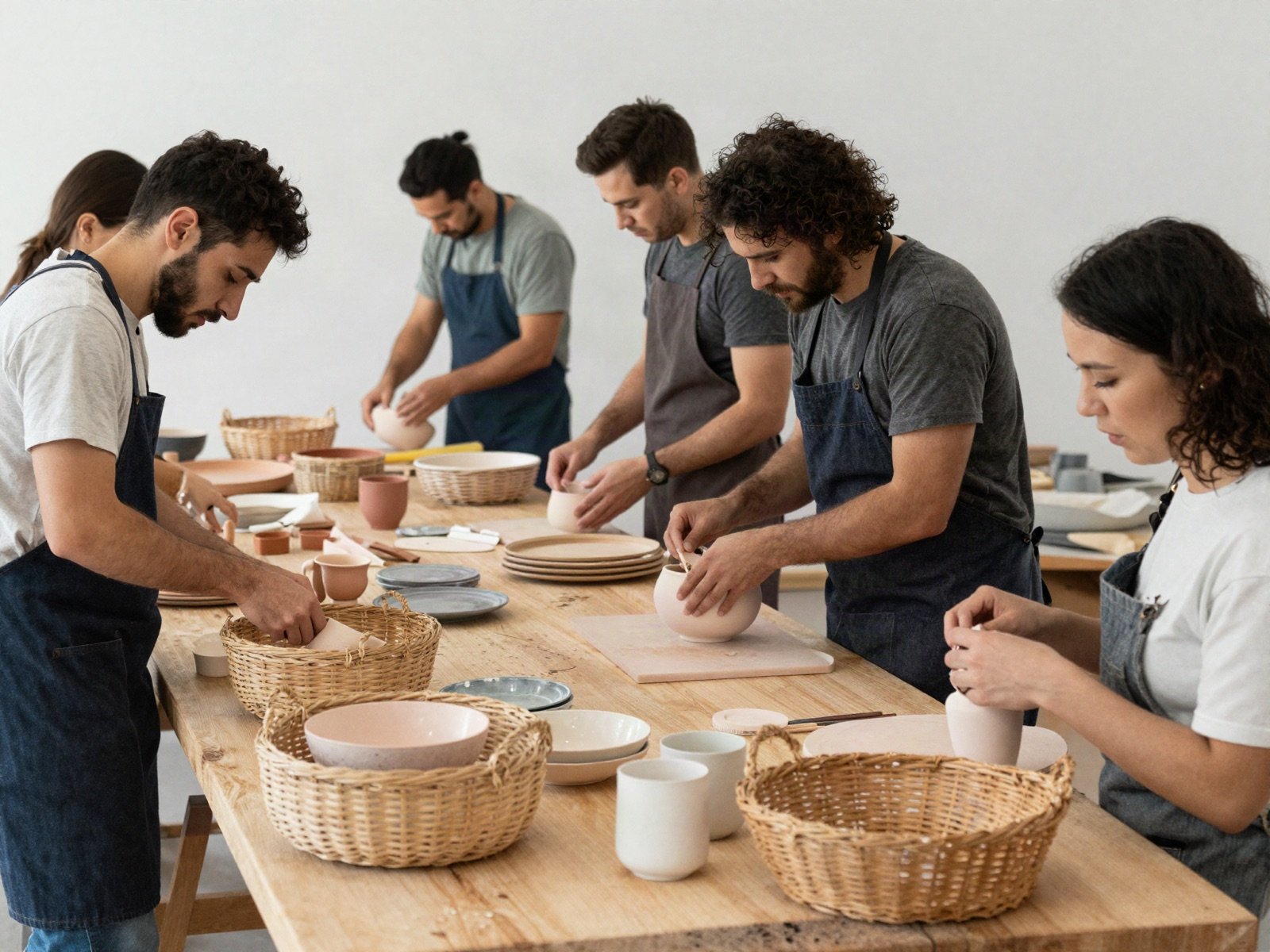 Workshop team unpacking handmade ceramics and baskets