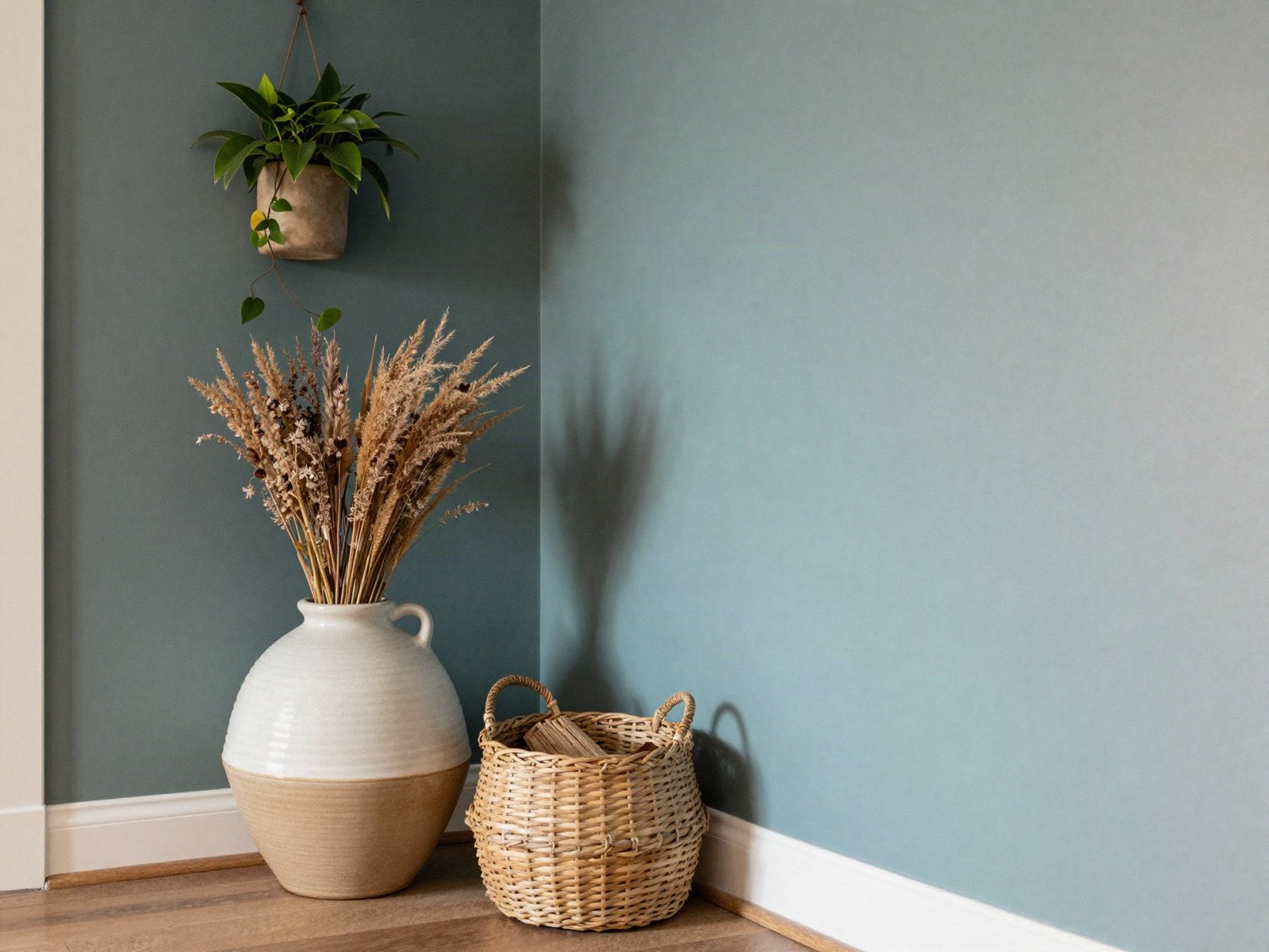 Entryway styled with a ceramic vase of dried flowers and a woven basket