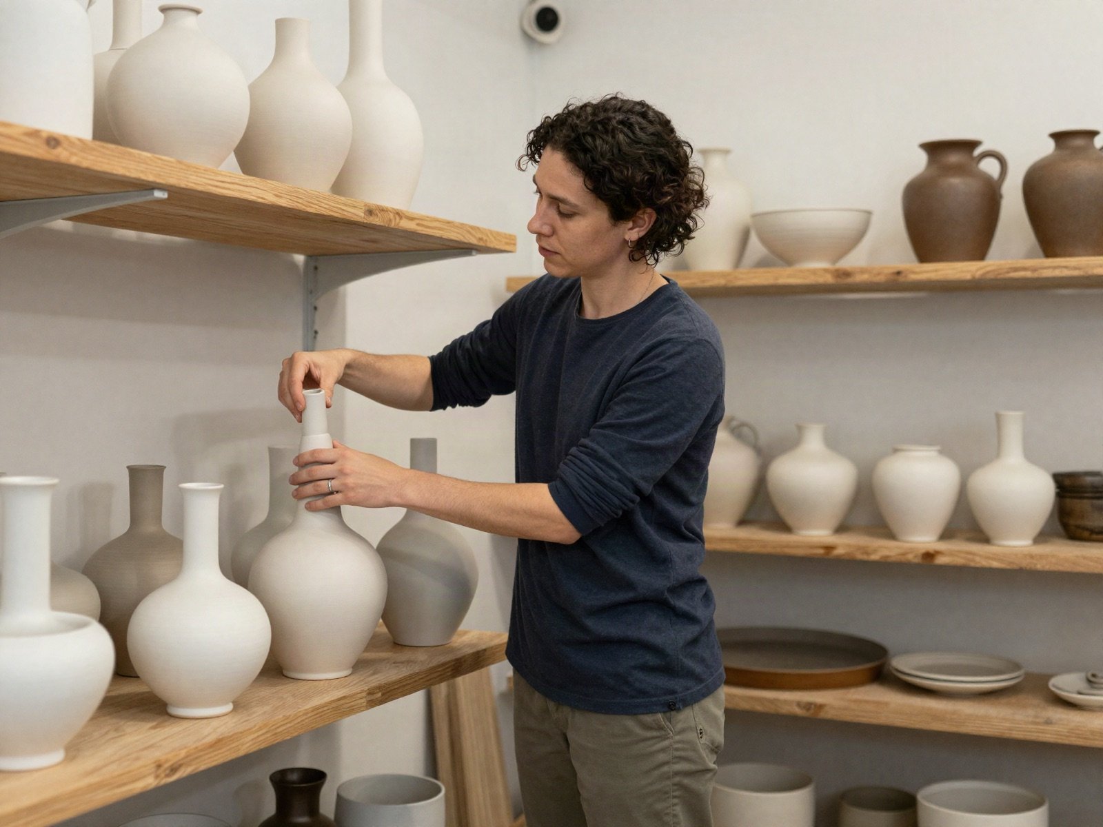 Founder arranging ceramic vases on workshop shelves
