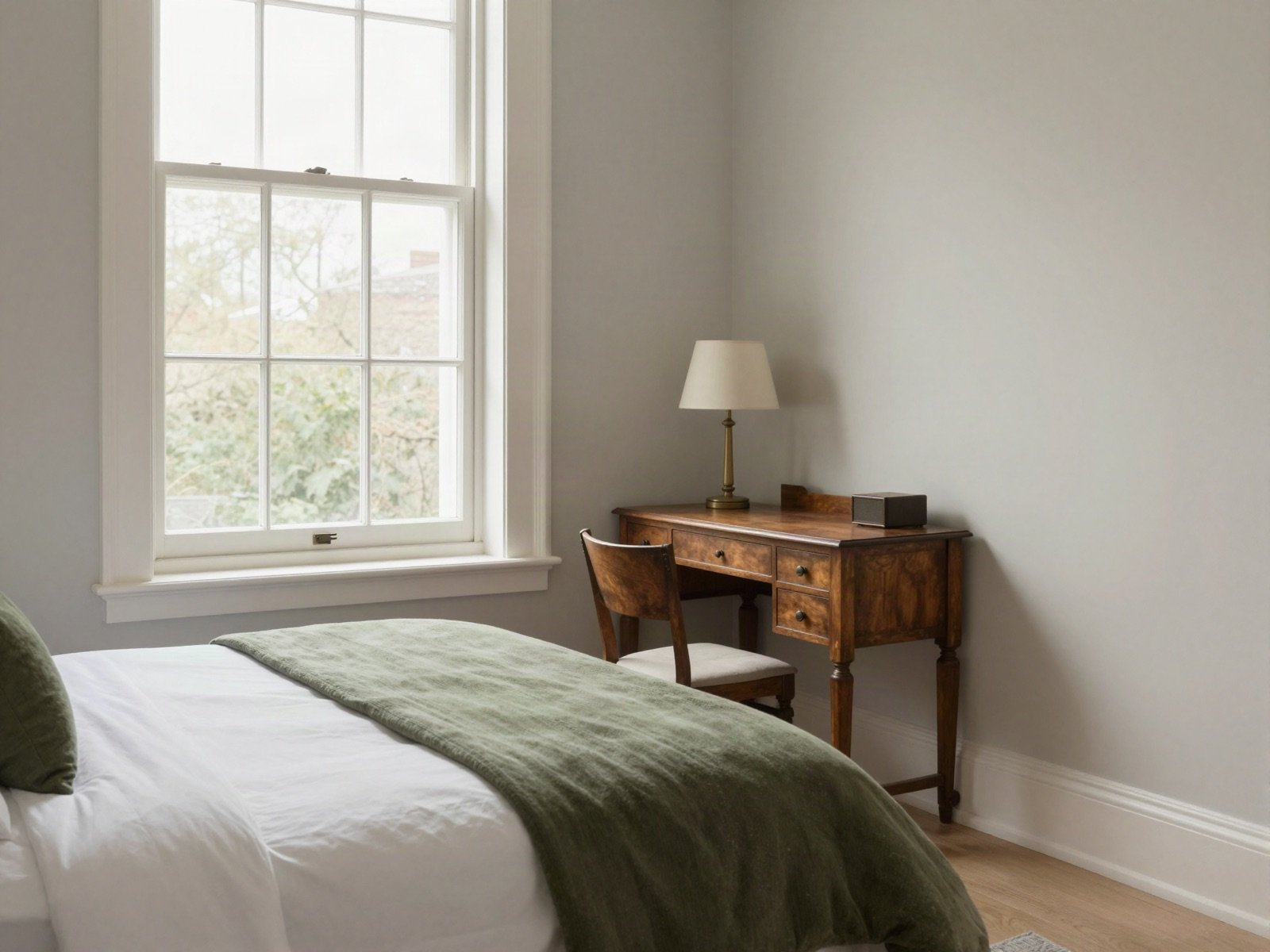 Guest bedroom with white bedding, an olive throw and an antique desk