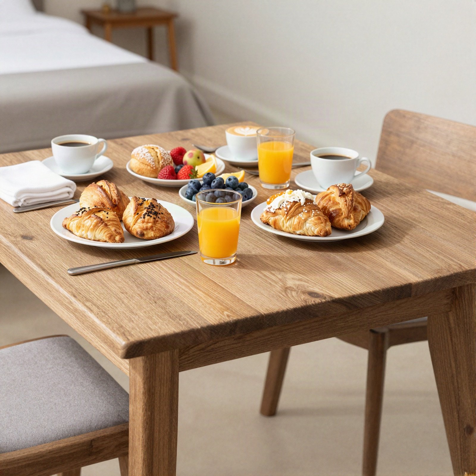 Breakfast table with croissants, fresh fruit, coffee and orange juice