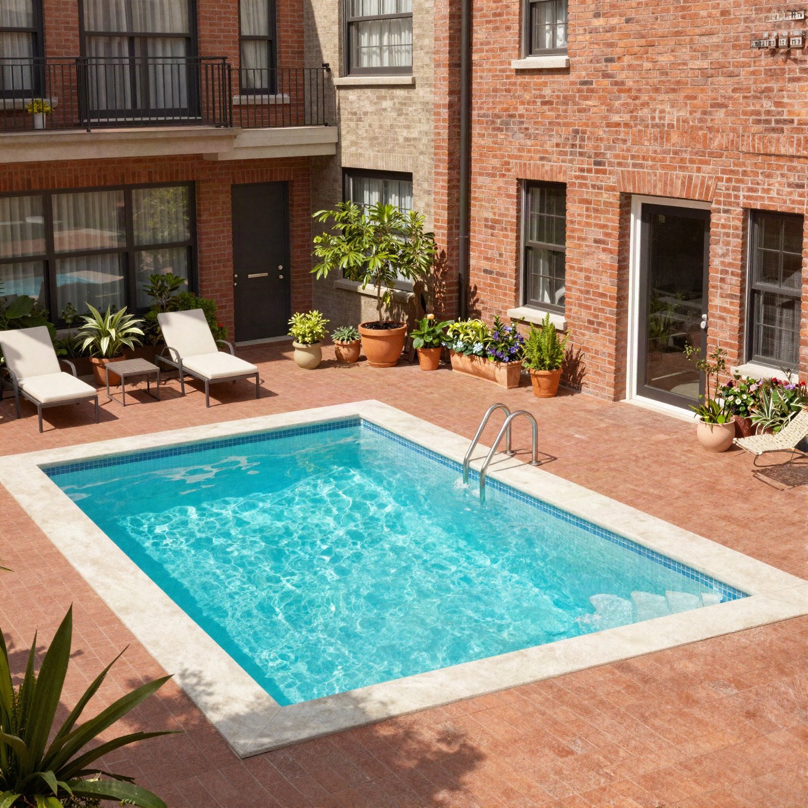 Small swimming pool in a brick courtyard with sun loungers