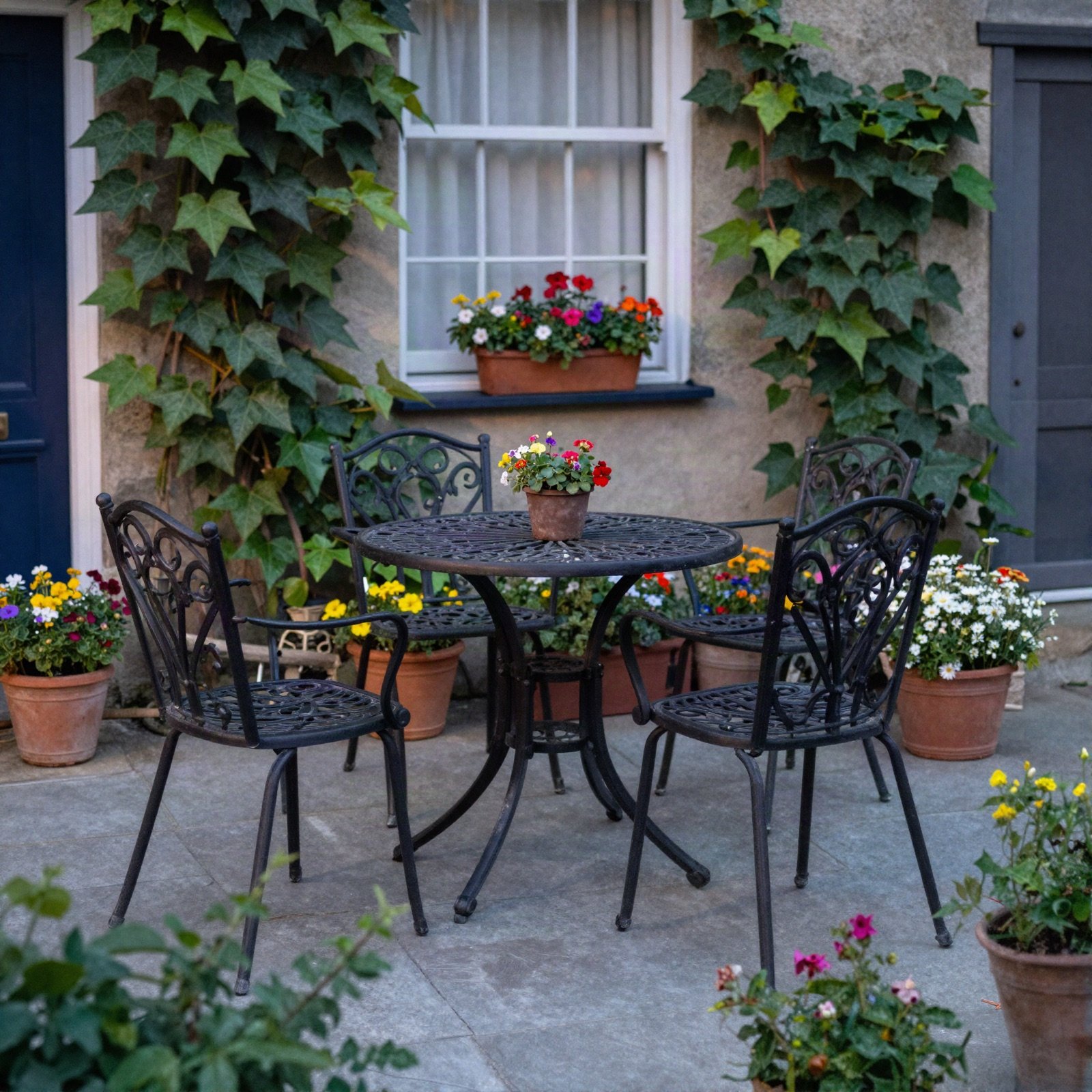 Garden terrace with an iron bistro table, ivy and flower pots