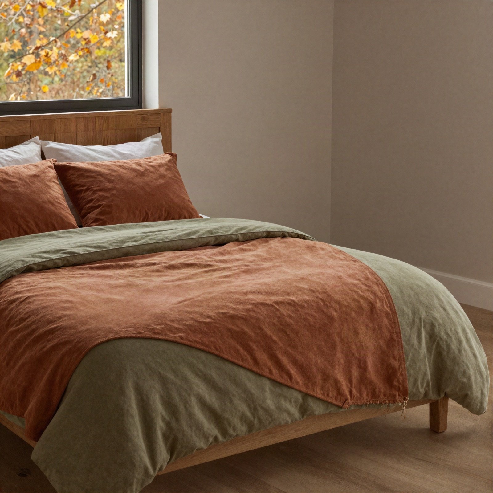 Autumn-toned bedroom with rust and olive bedding