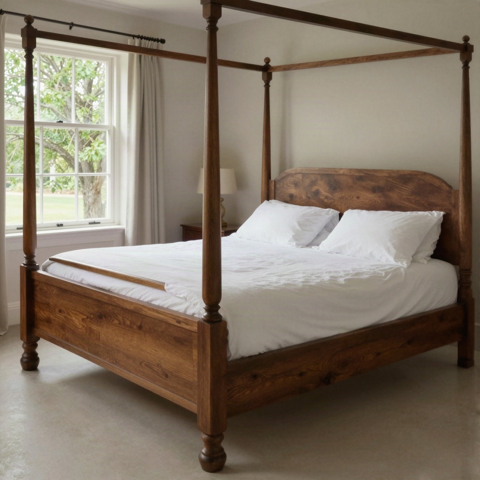 Walnut four-poster bed by a window onto a tree