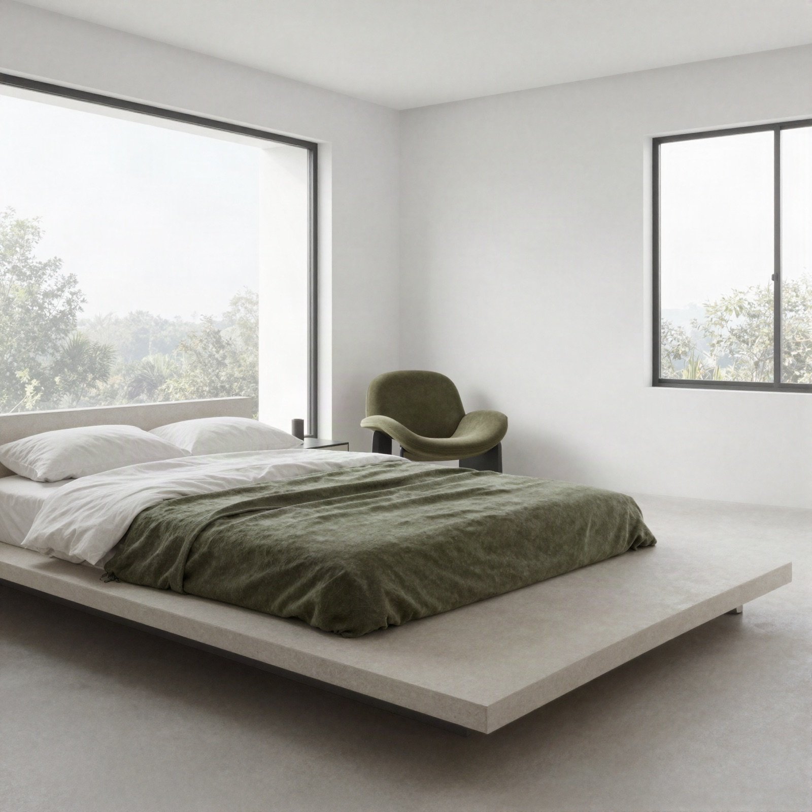Minimal white bedroom with an olive accent chair