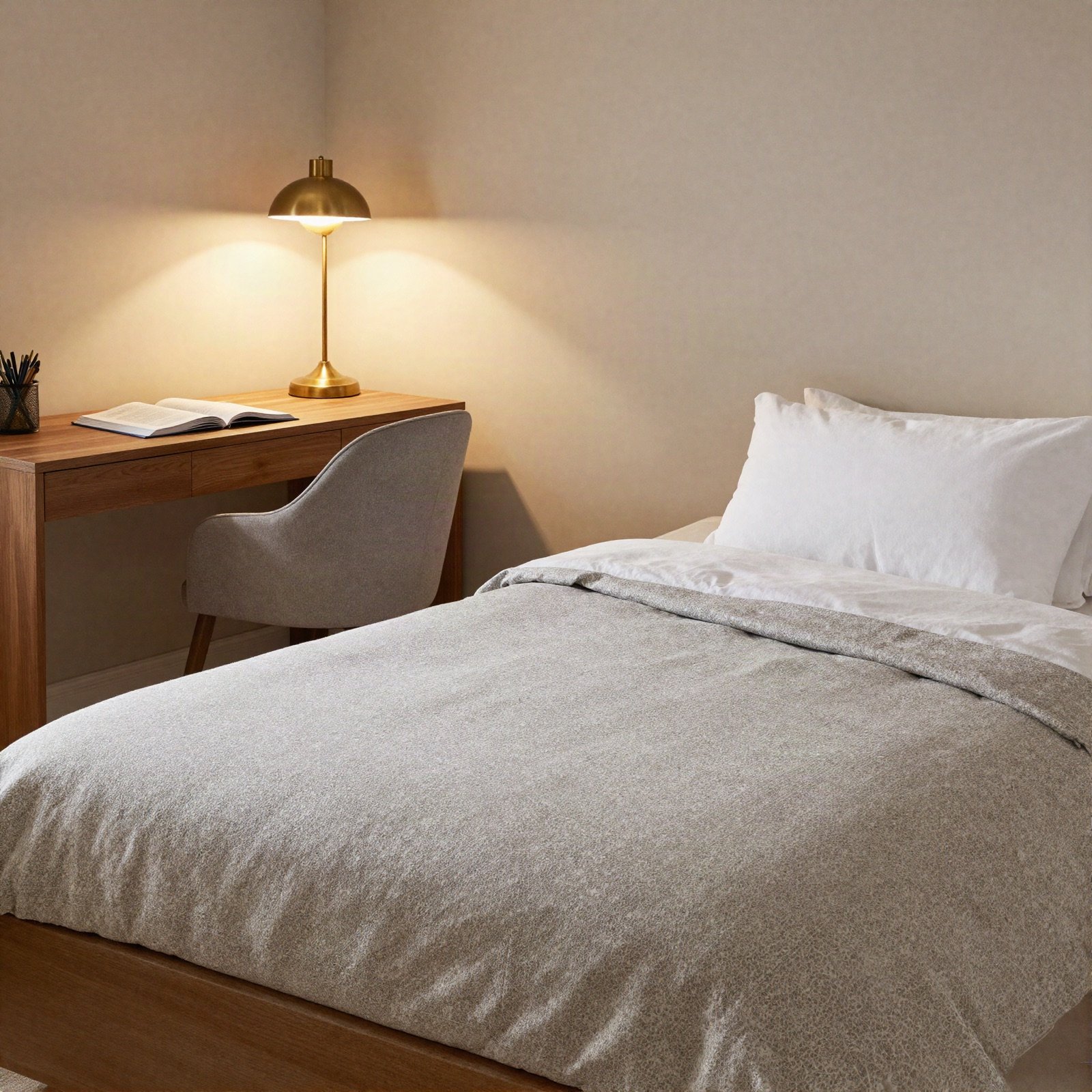 Bedroom with a writing desk and a brass lamp