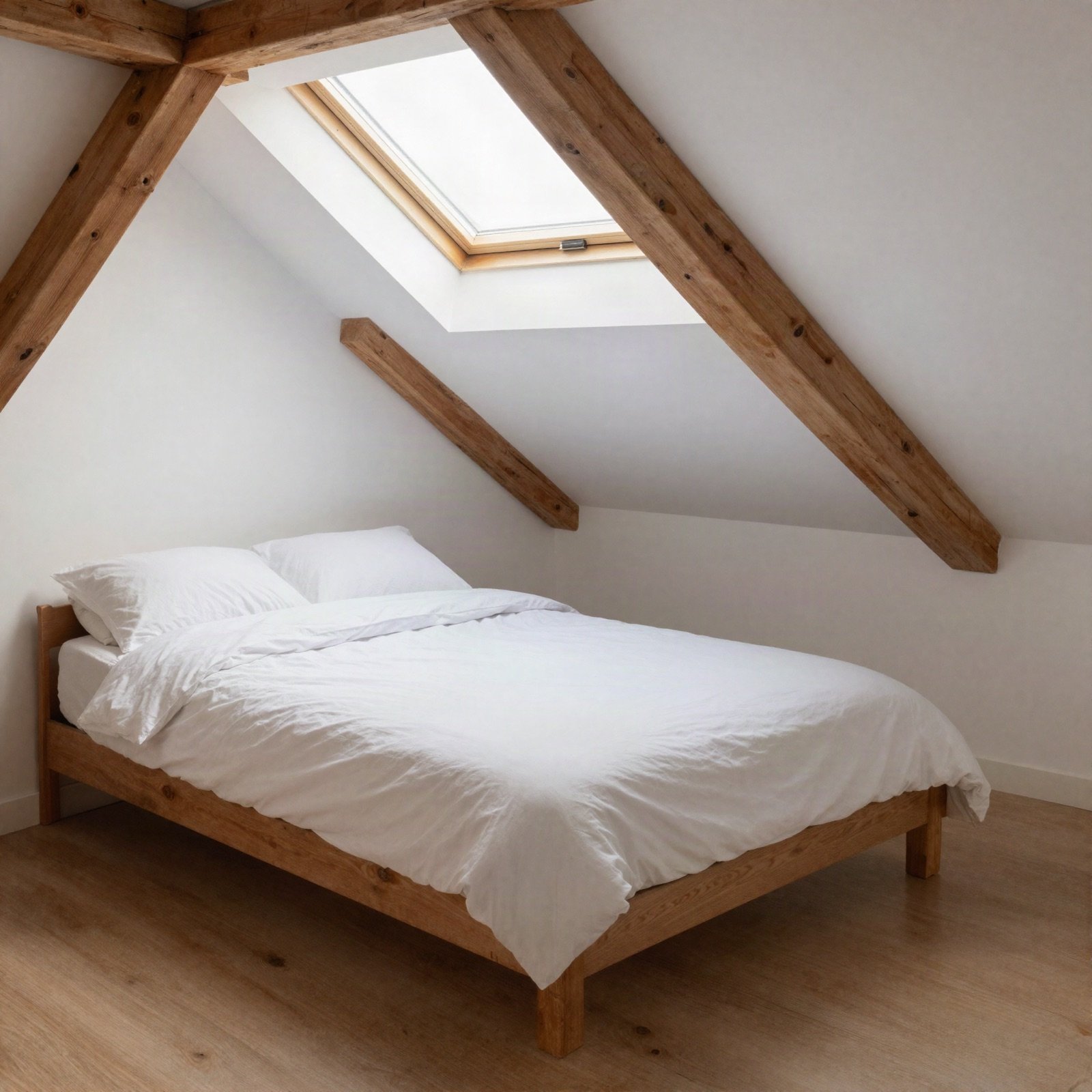 Attic bedroom with exposed beams and a skylight
