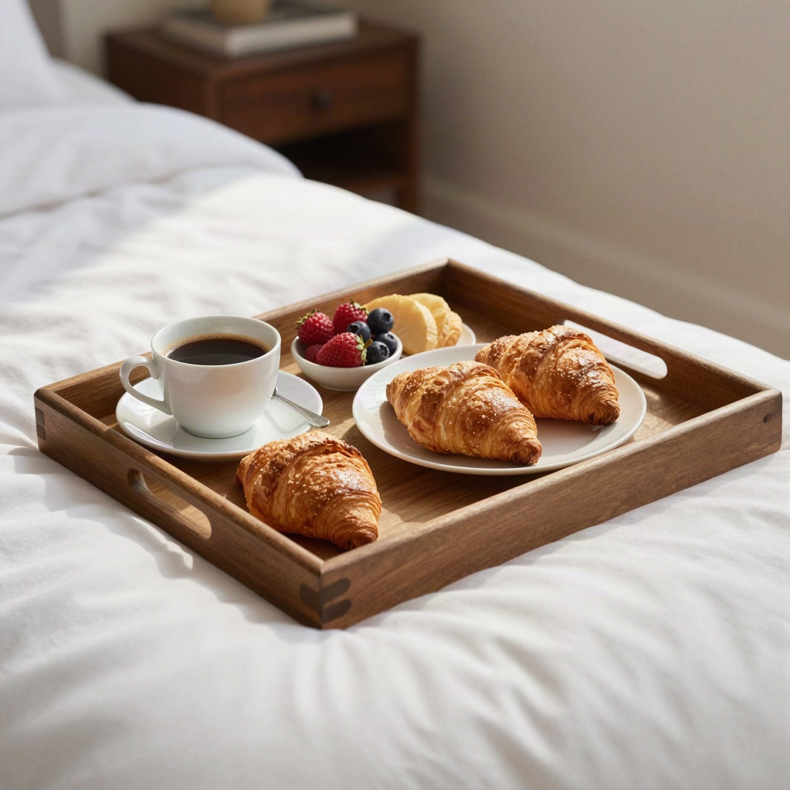 Breakfast tray with coffee and croissants on a bed