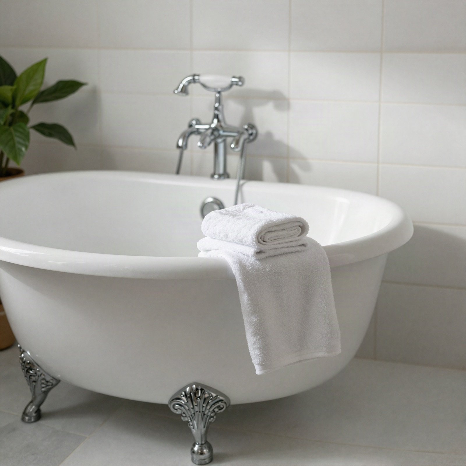 Clawfoot bathtub with folded white towels