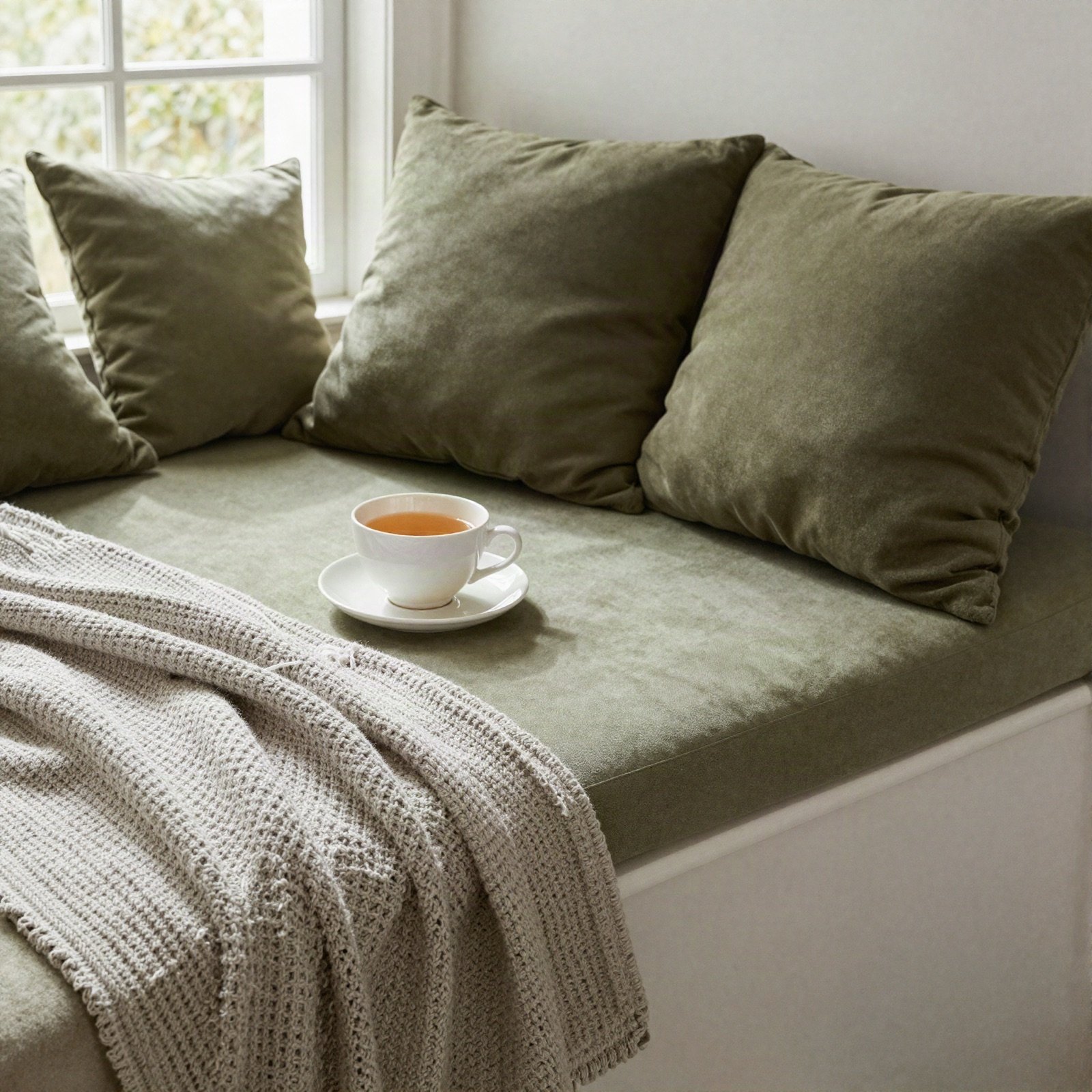 Window seat with olive cushions and a cup of tea
