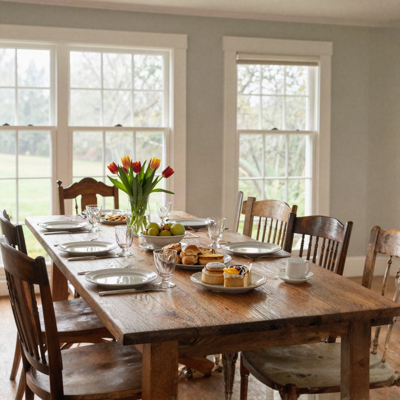 Dining room table set for breakfast with tulips