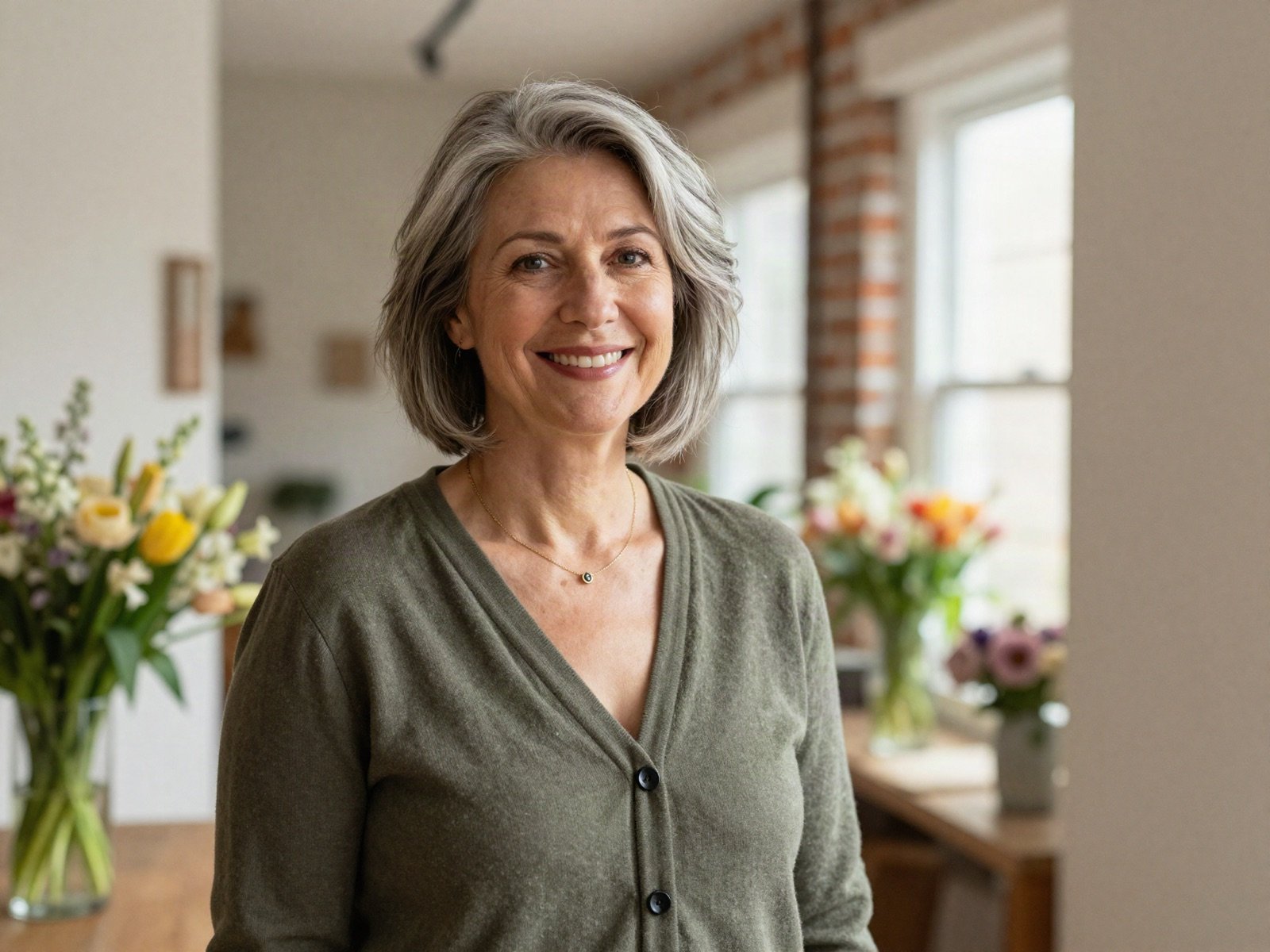 Smiling host with grey hair in an olive cardigan in a bright brick hallway