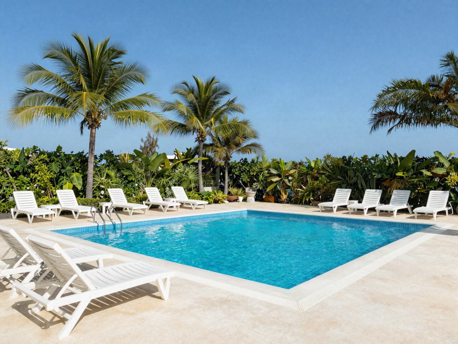 Outdoor pool with white sun loungers and palm trees