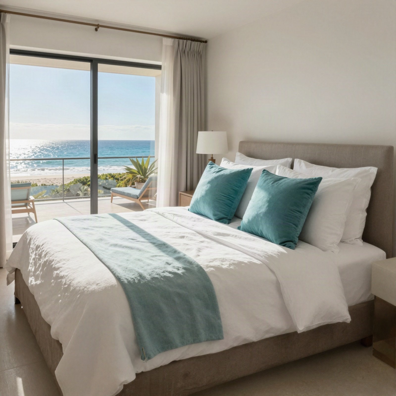 Bright guest bedroom with teal cushions and an ocean view
