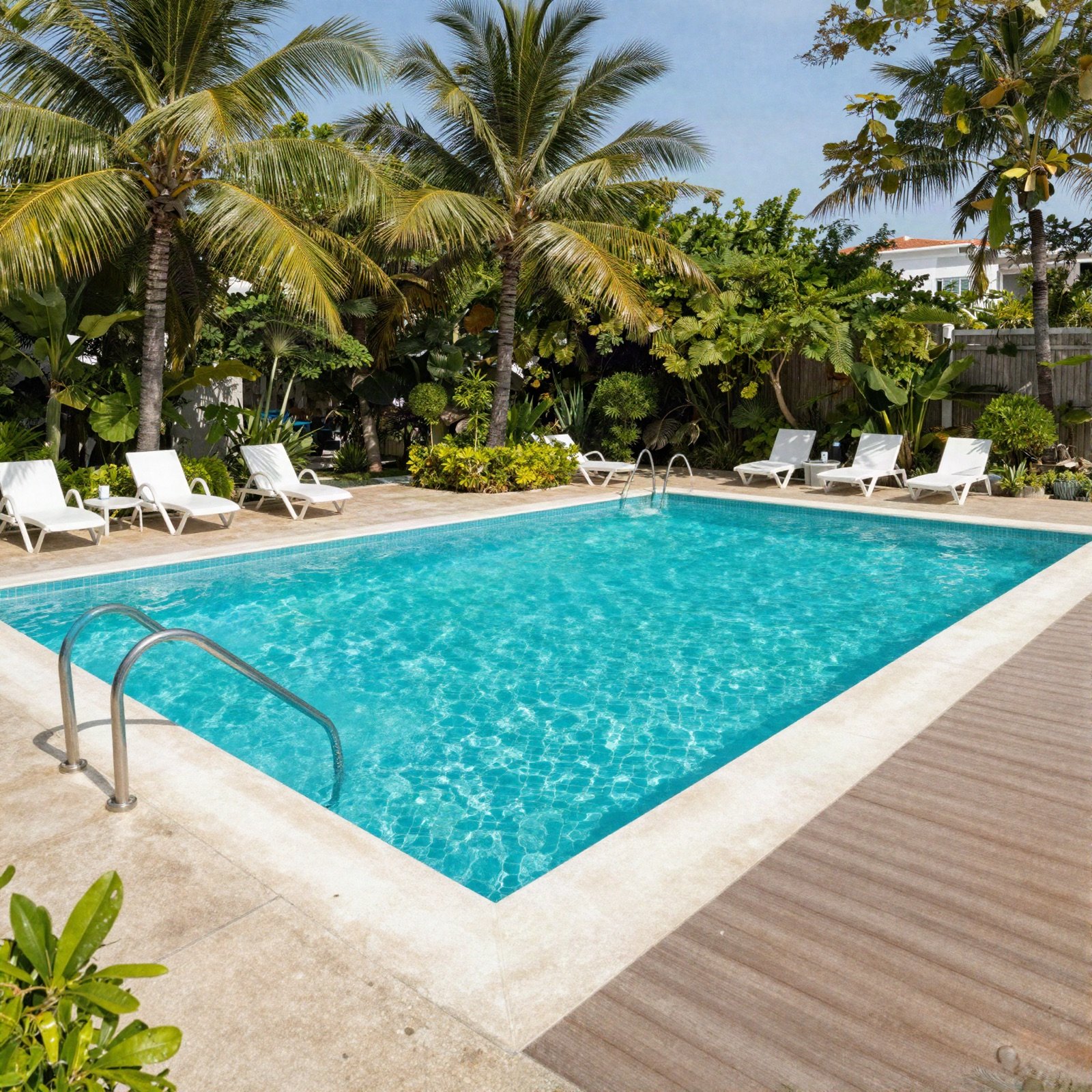 Outdoor pool surrounded by palm trees and white sun loungers