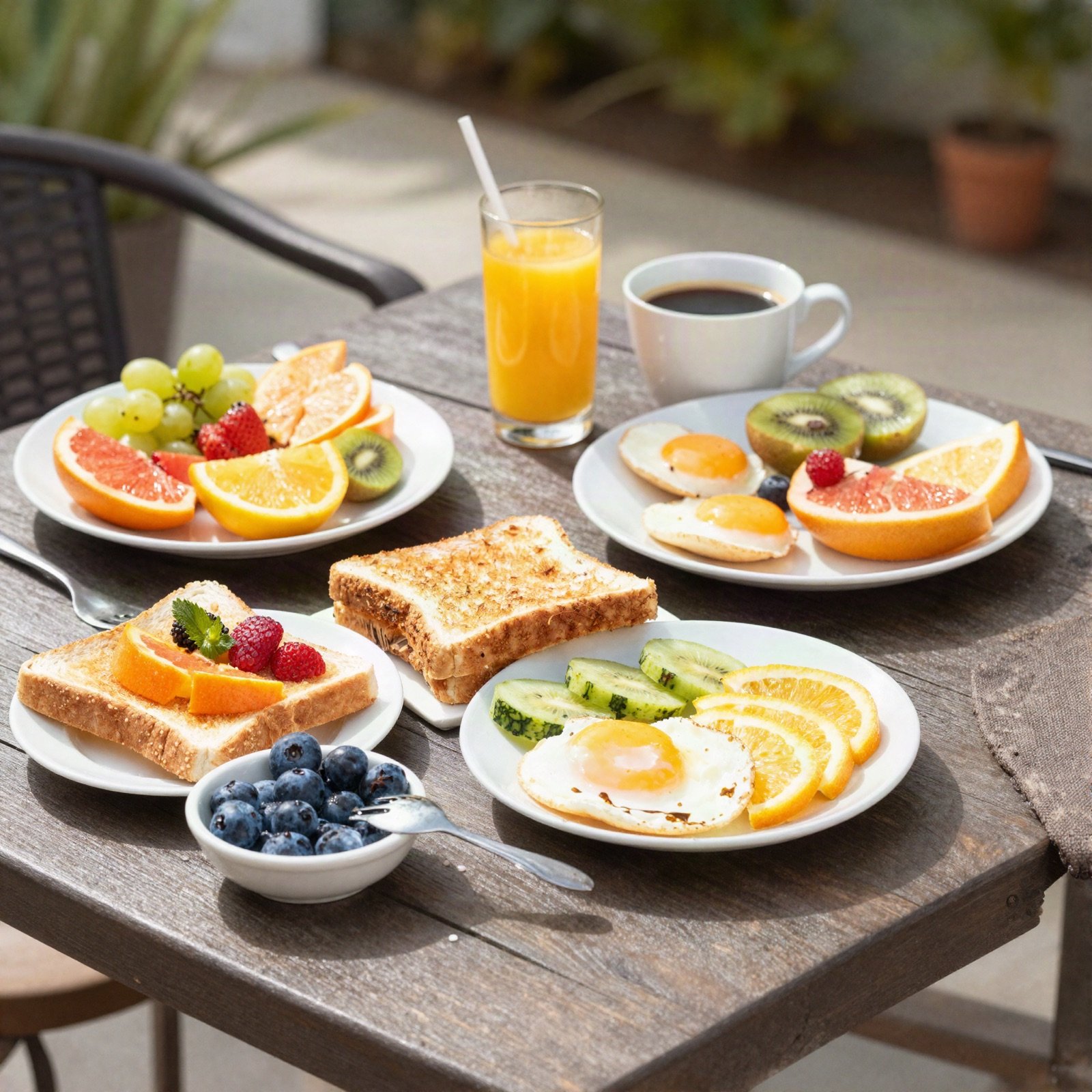 Breakfast of tropical fruit, eggs, toast and juice on a sunny patio