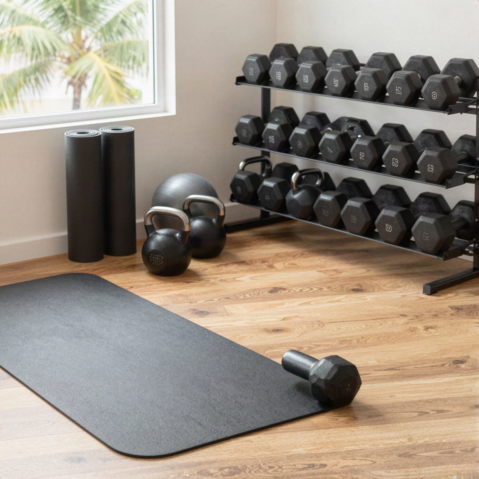 Home gym corner with dumbbells, kettlebells and yoga mats