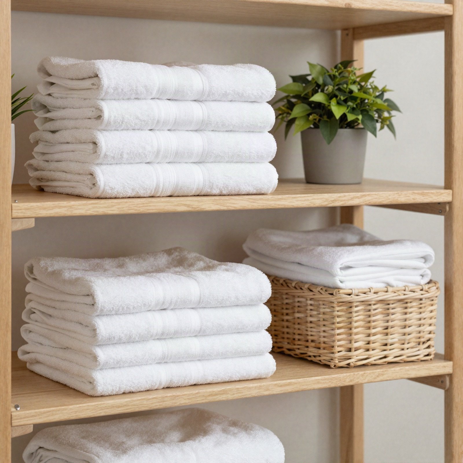 Folded white towels and a woven basket on laundry room shelves