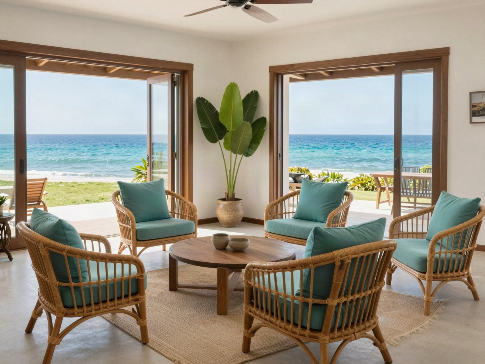 Living room with rattan chairs and teal cushions opening onto an ocean view