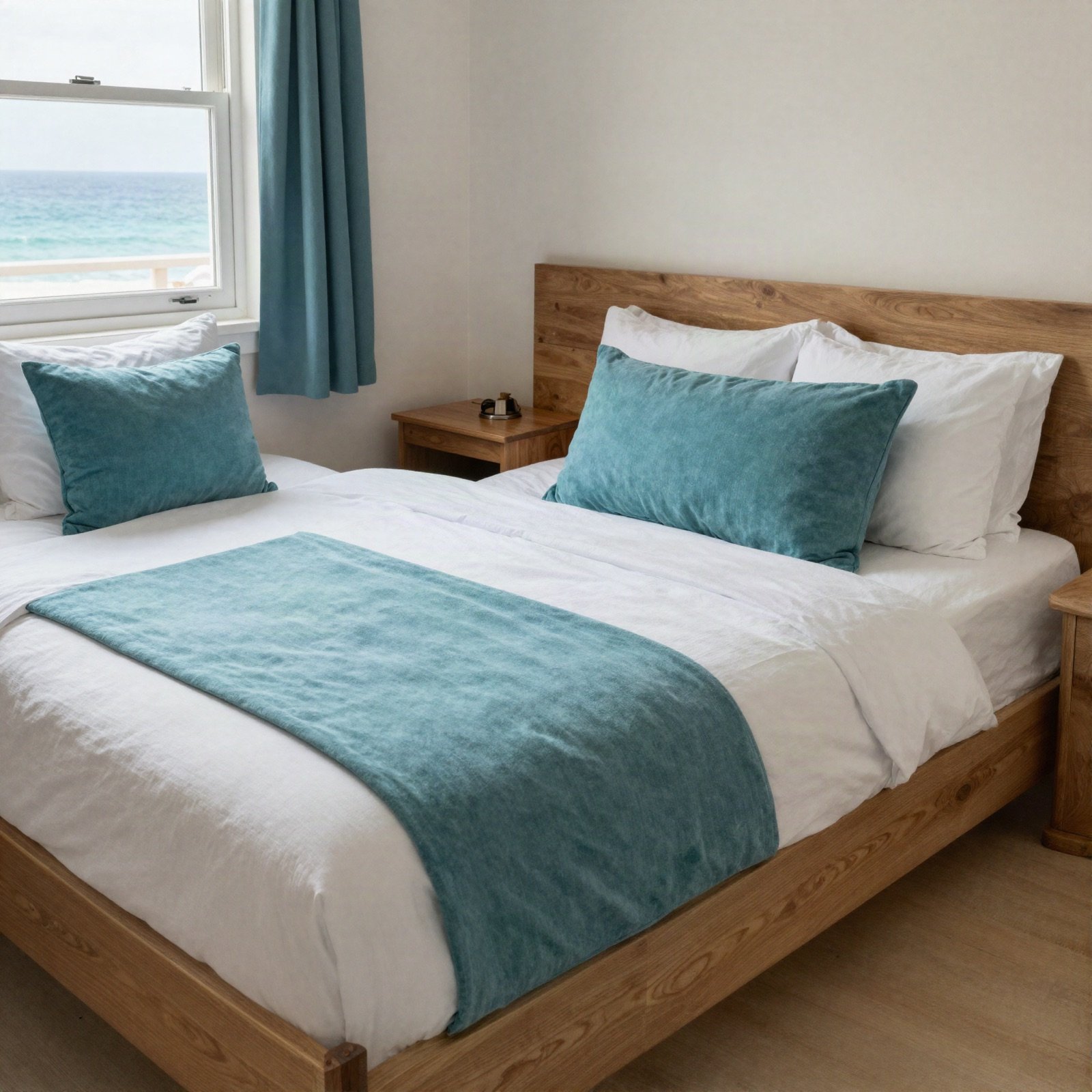 Double room with a wooden bed, teal pillows and a sea view window
