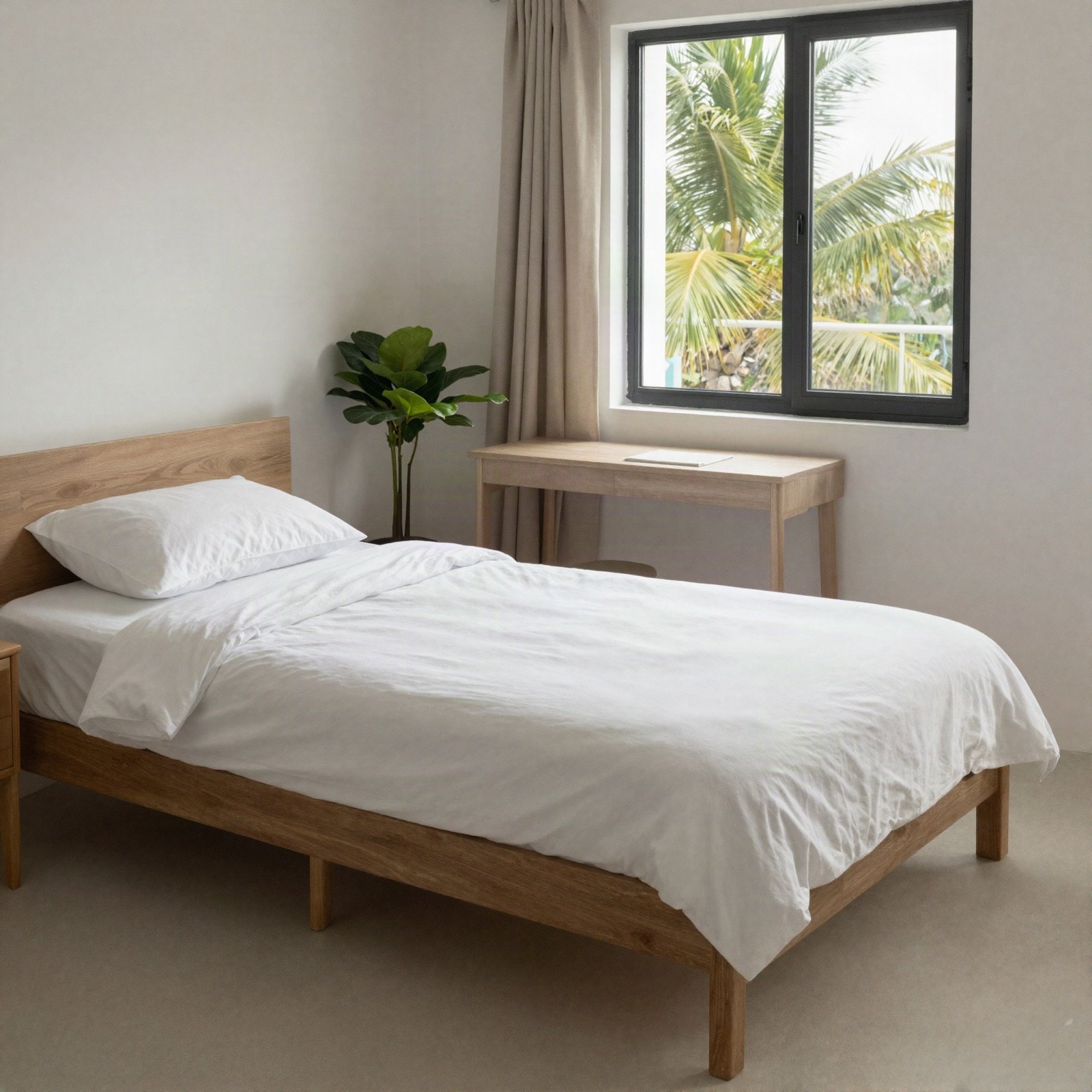 Single room with a wooden bed, desk and palm trees outside