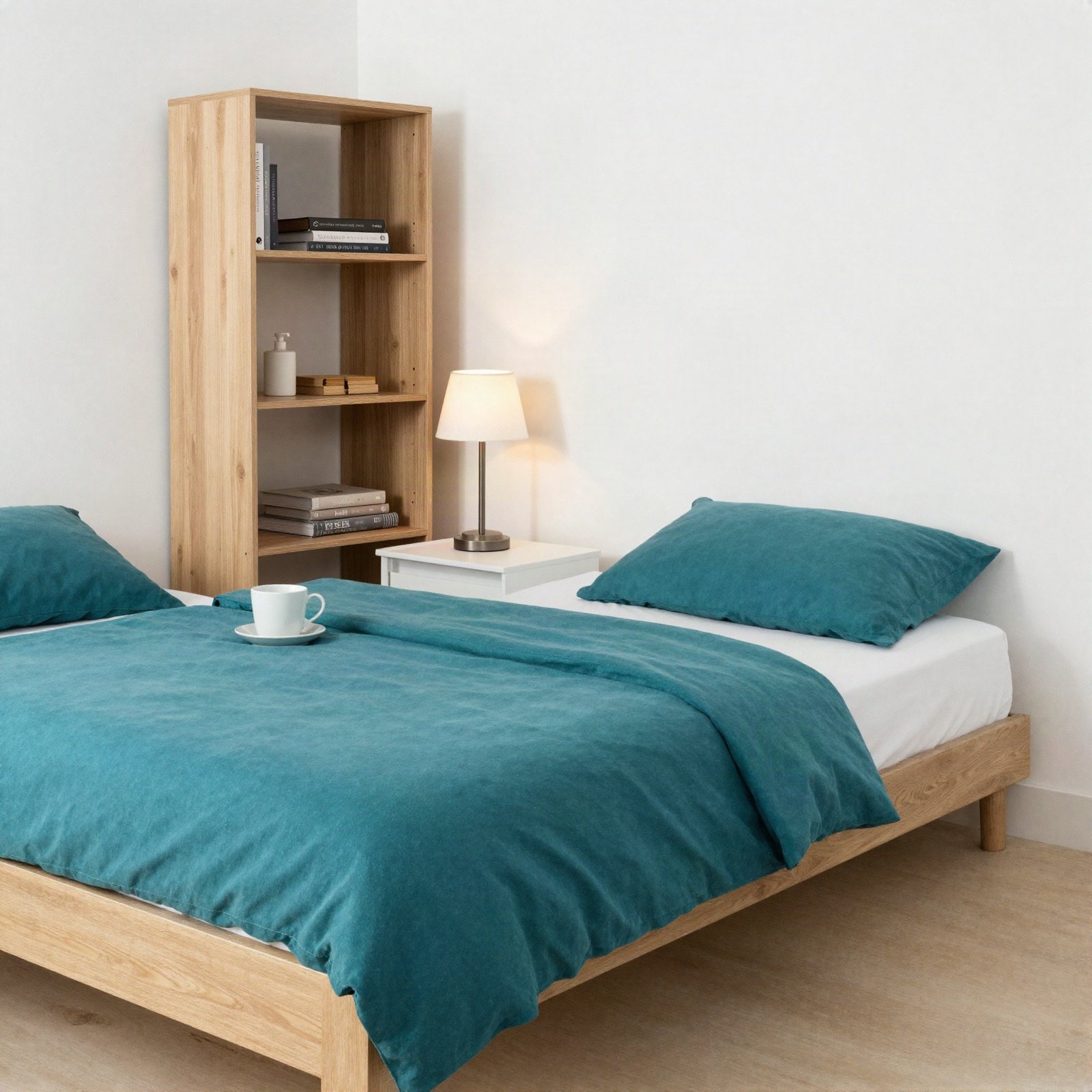 Compact budget room with teal bedding and a bookshelf