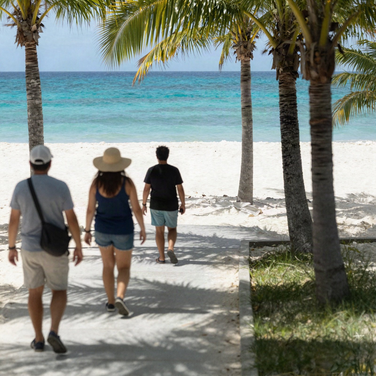 Travellers walking to a white sand beach under palm trees