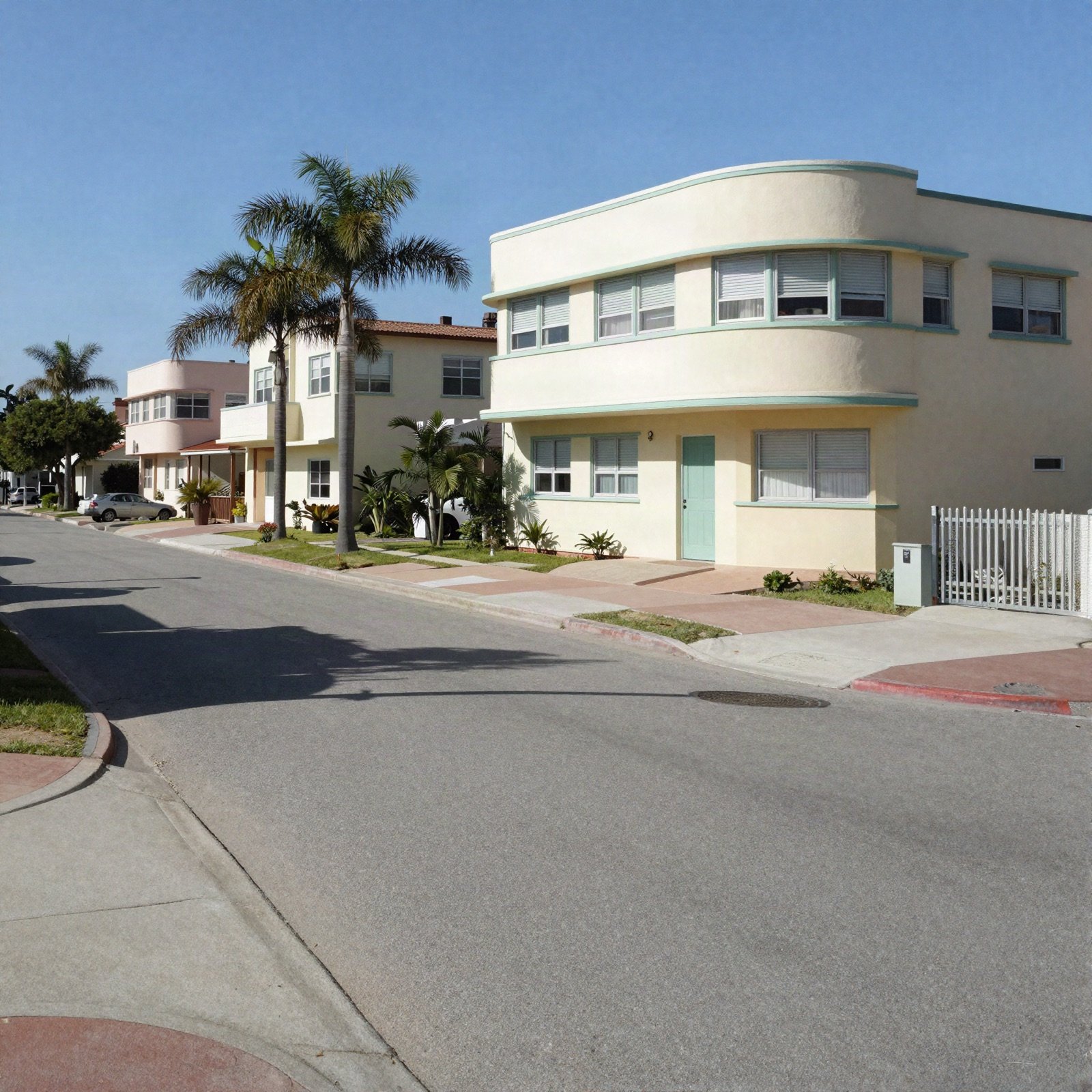 Pastel art deco style houses on a quiet palm-lined street