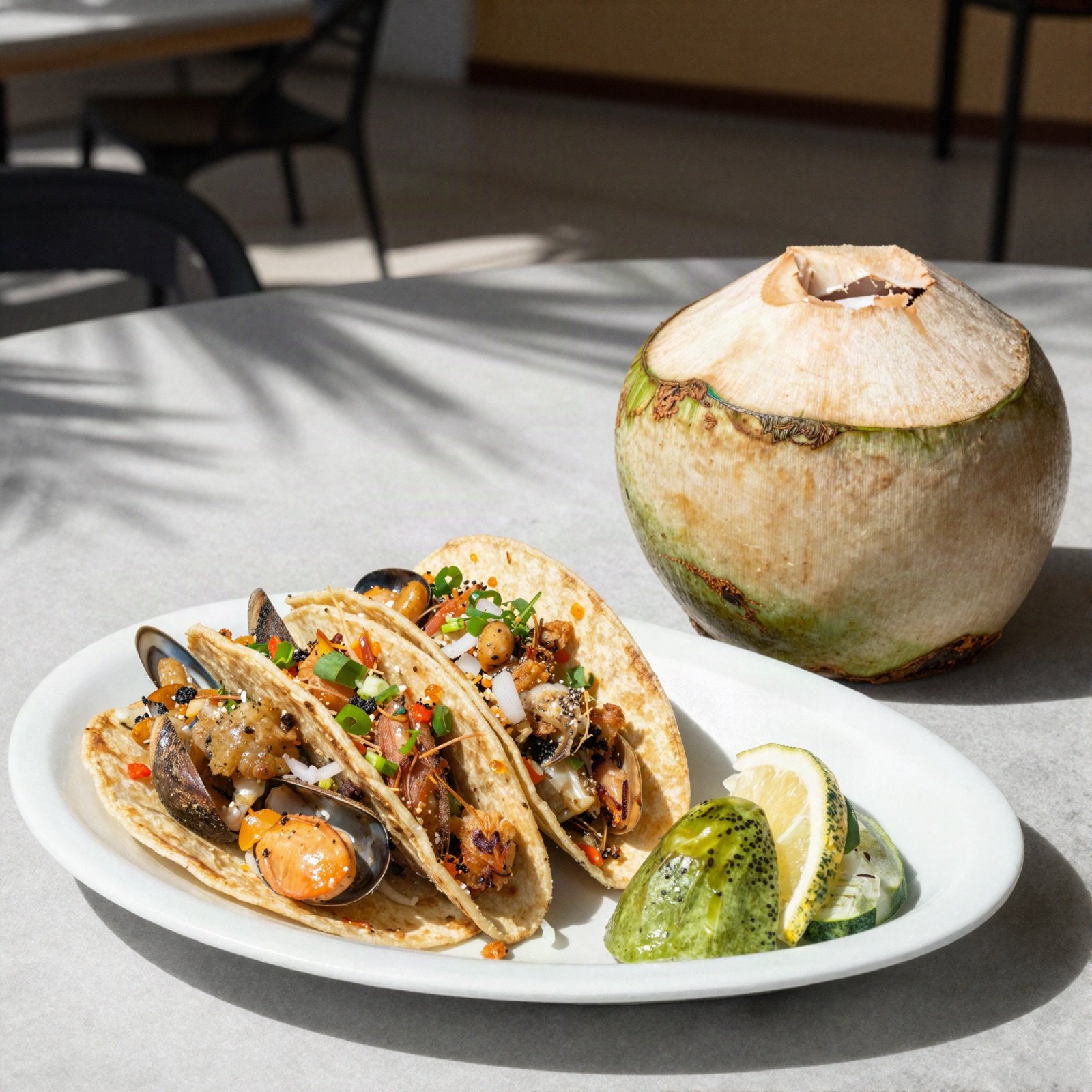 Seafood tacos and a fresh coconut on a sunny cafe table